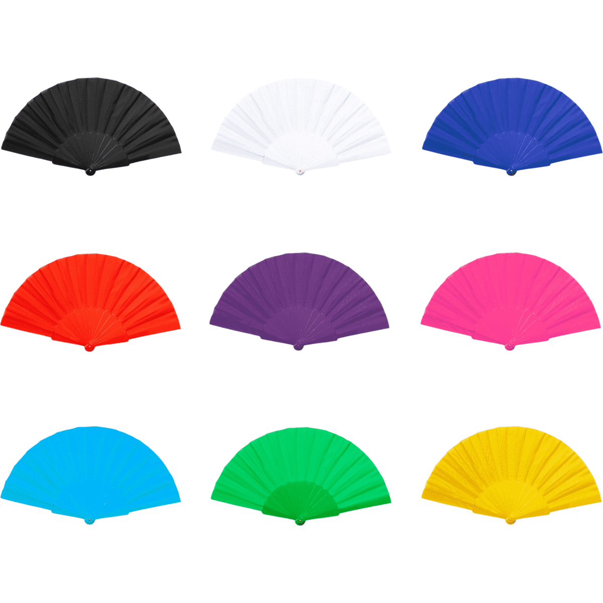 A foldable fan displayed in black, white, blue, pink, green, purple, red, and yellow, featuring a logo.