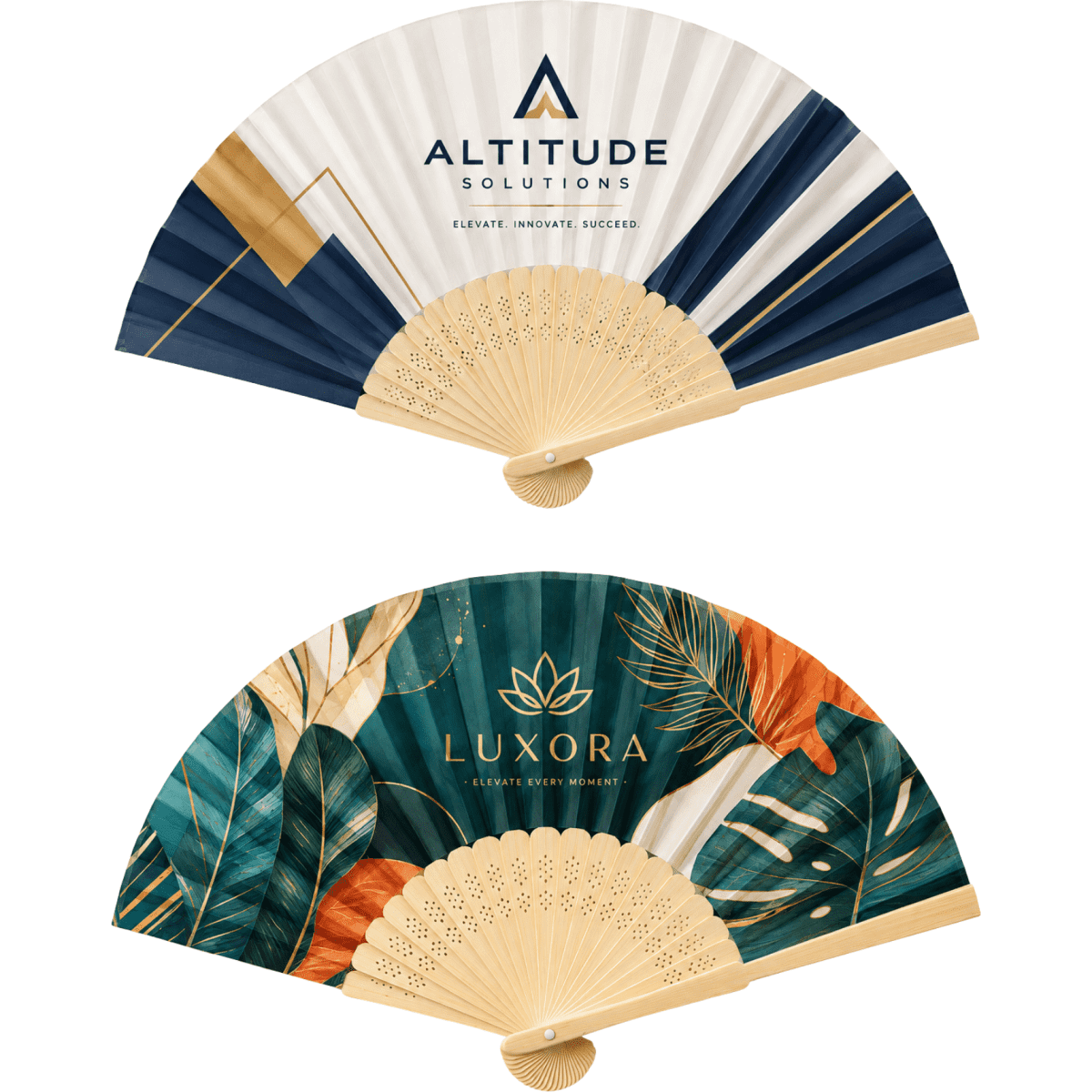 A bamboo hand fan featuring a logo, one side with a geometric design and the other with tropical foliage.