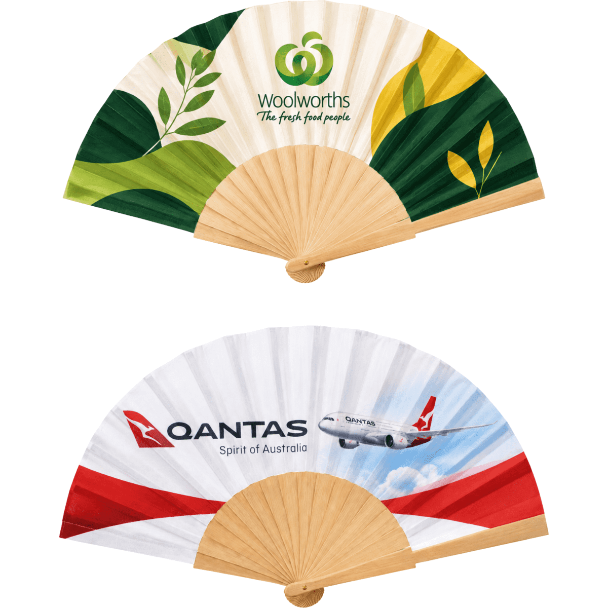 A wooden hand fan featuring two designs: one with green leaves and the other with an airplane and airline branding.