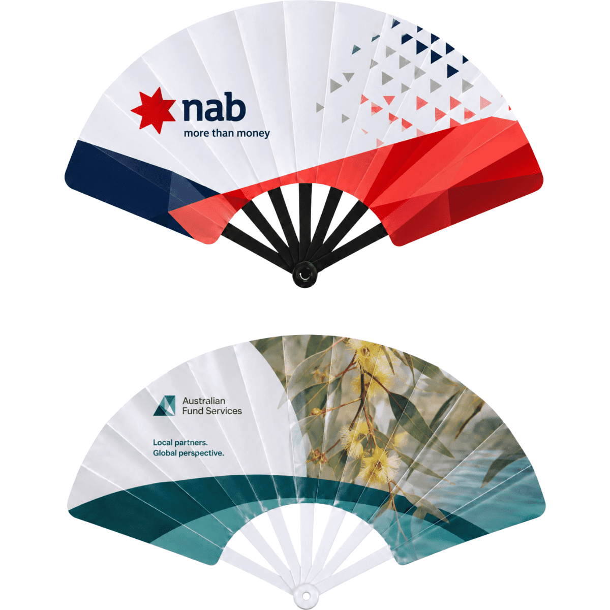 A plastic hand fan featuring red, white, and green designs with logos and patterns on both sides.