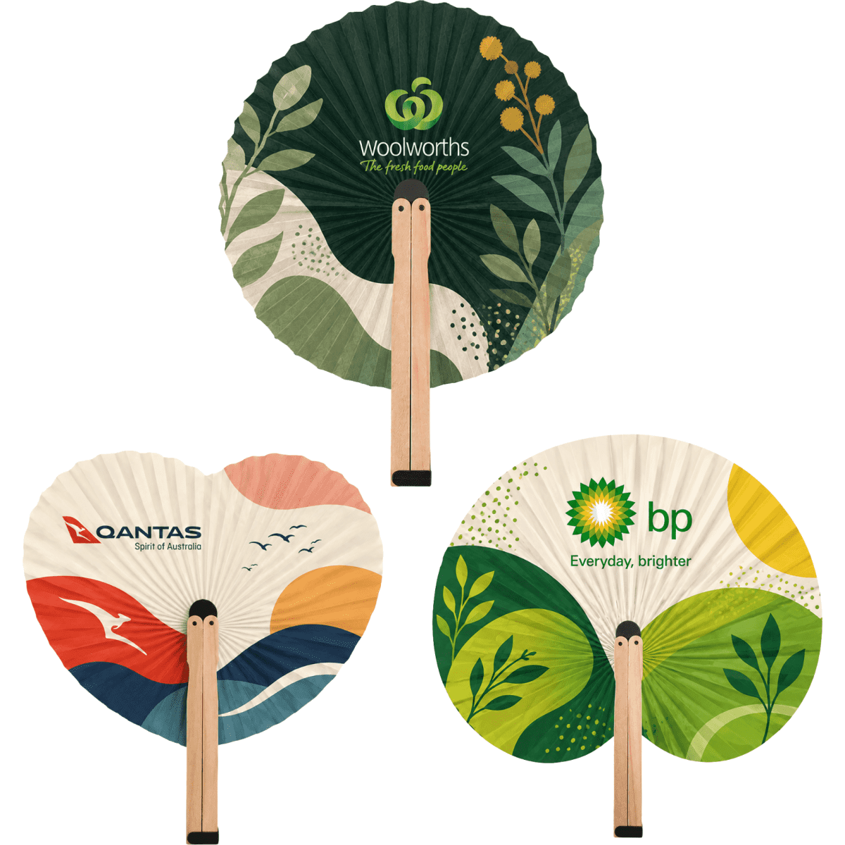 Three shaped wooden paper fans featuring various designs, including green, cream, and blue colours with logos.