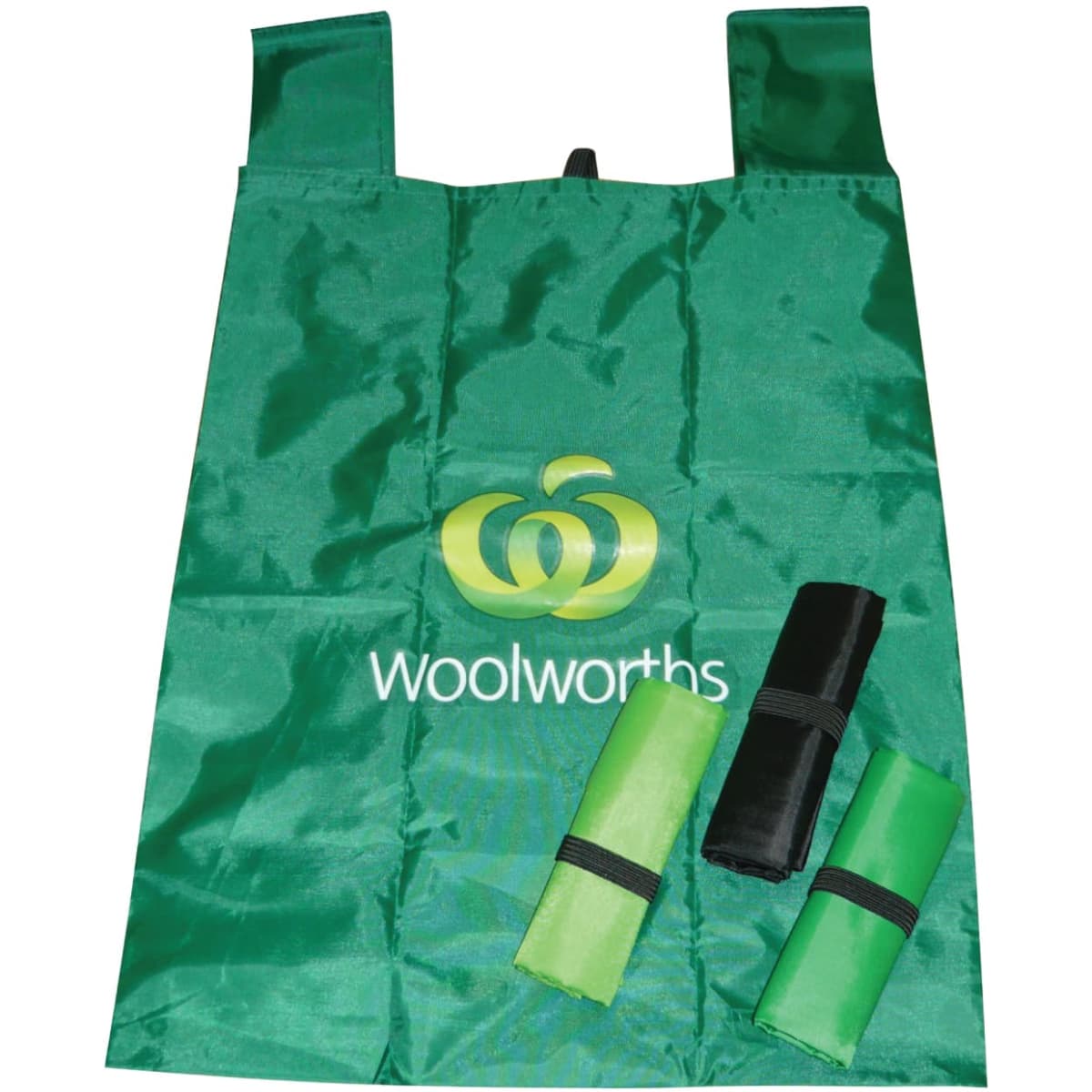 A green foldable reusable grocery bag with a gusset, featuring a logo and rolled-up versions in green and black.