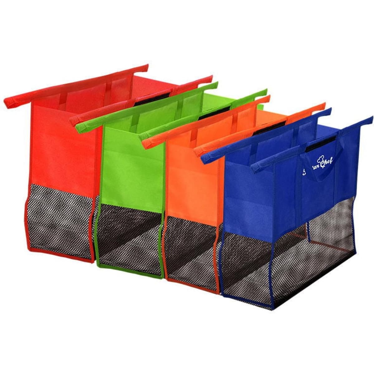 Four reusable grocery bags in red, orange, green, and blue, featuring mesh bottoms and handles, with a logo on one bag.