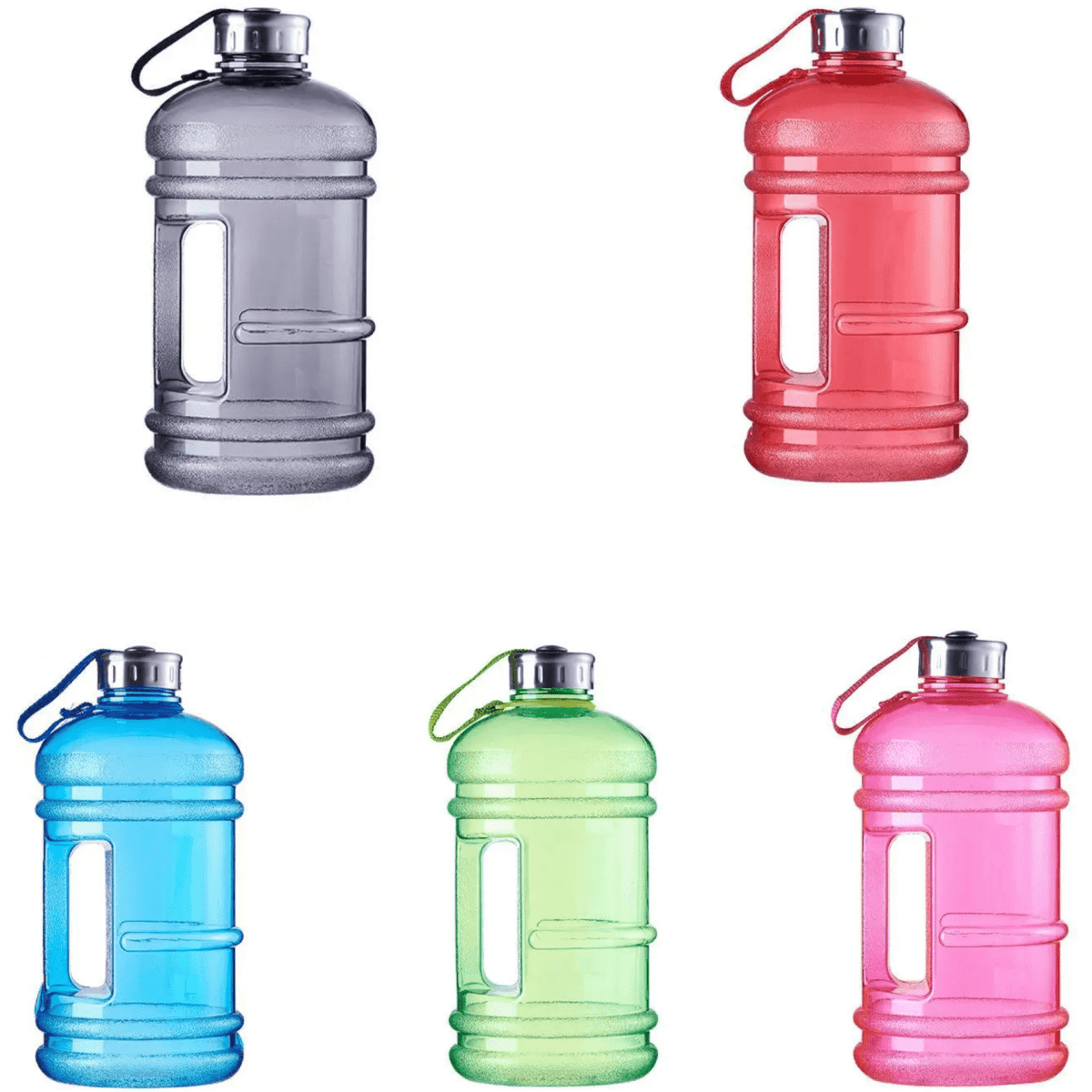 A drink bottle with a 2.2-litre capacity available in grey, red, blue, green, and pink colours, featuring a logo.