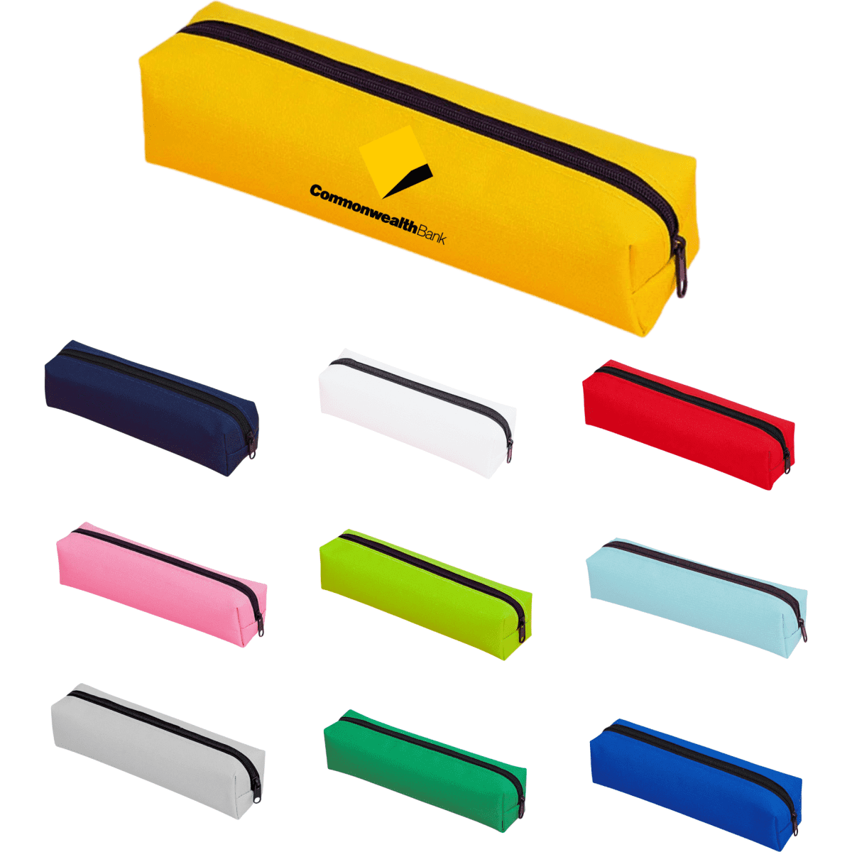 A yellow polyester pencil case with a zipper, alongside various other coloured pencil cases in pink, green, blue, red, white, and navy.