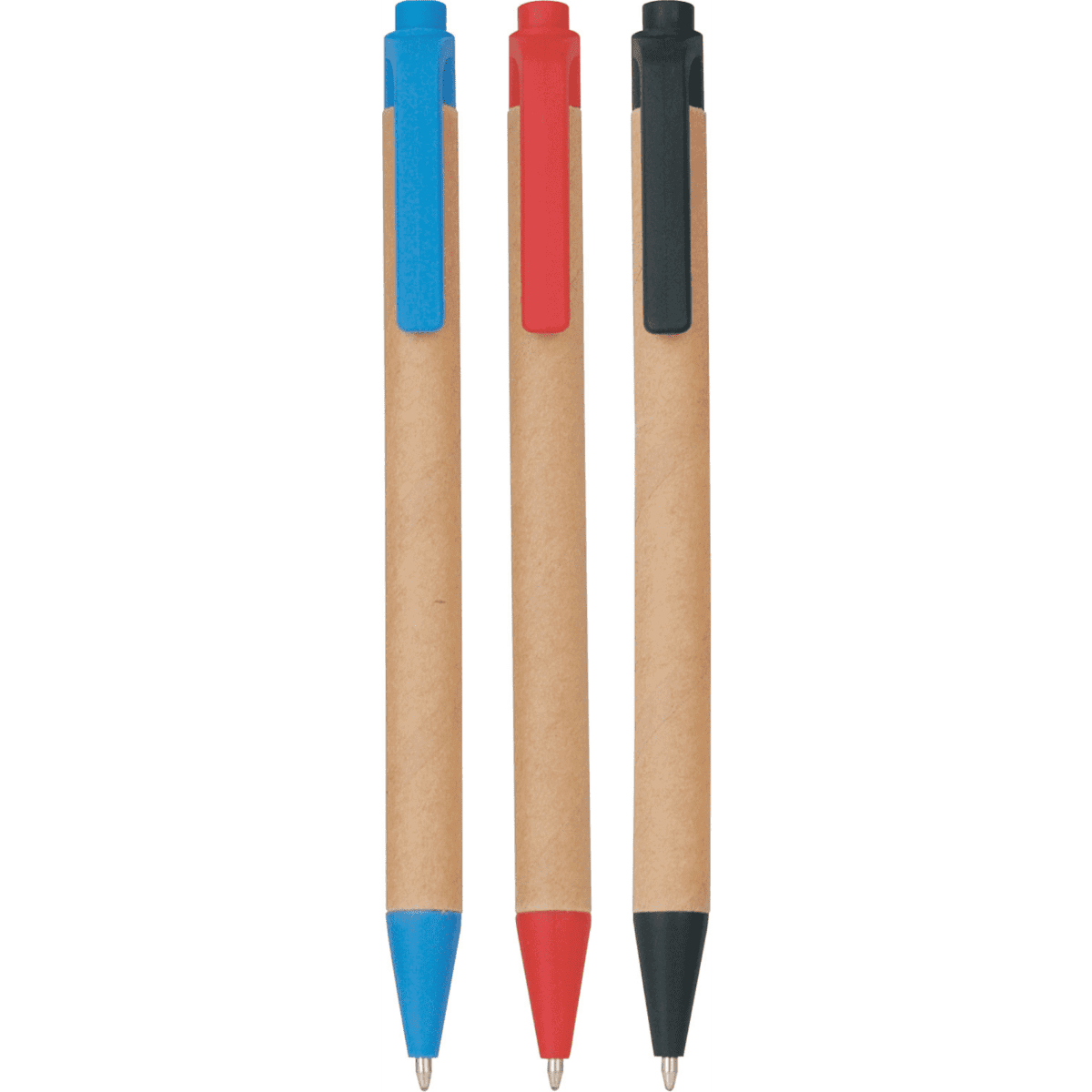 Three push-action pens in blue, red, and black, featuring recycled cardboard barrels and clips. Each pen has a logo.