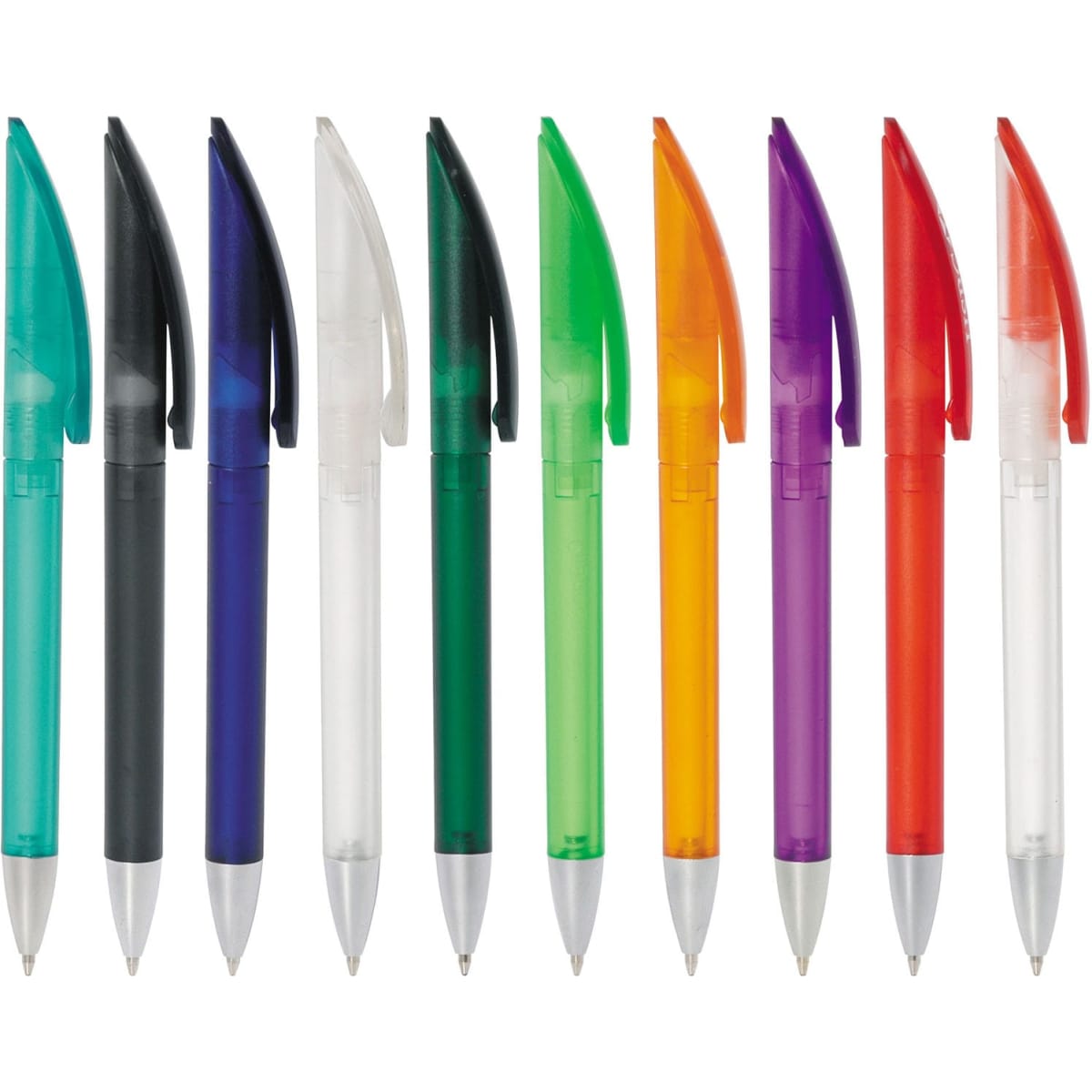 A collection of twist-action plastic pens in various colours, including black, blue, green, purple, orange, and red.