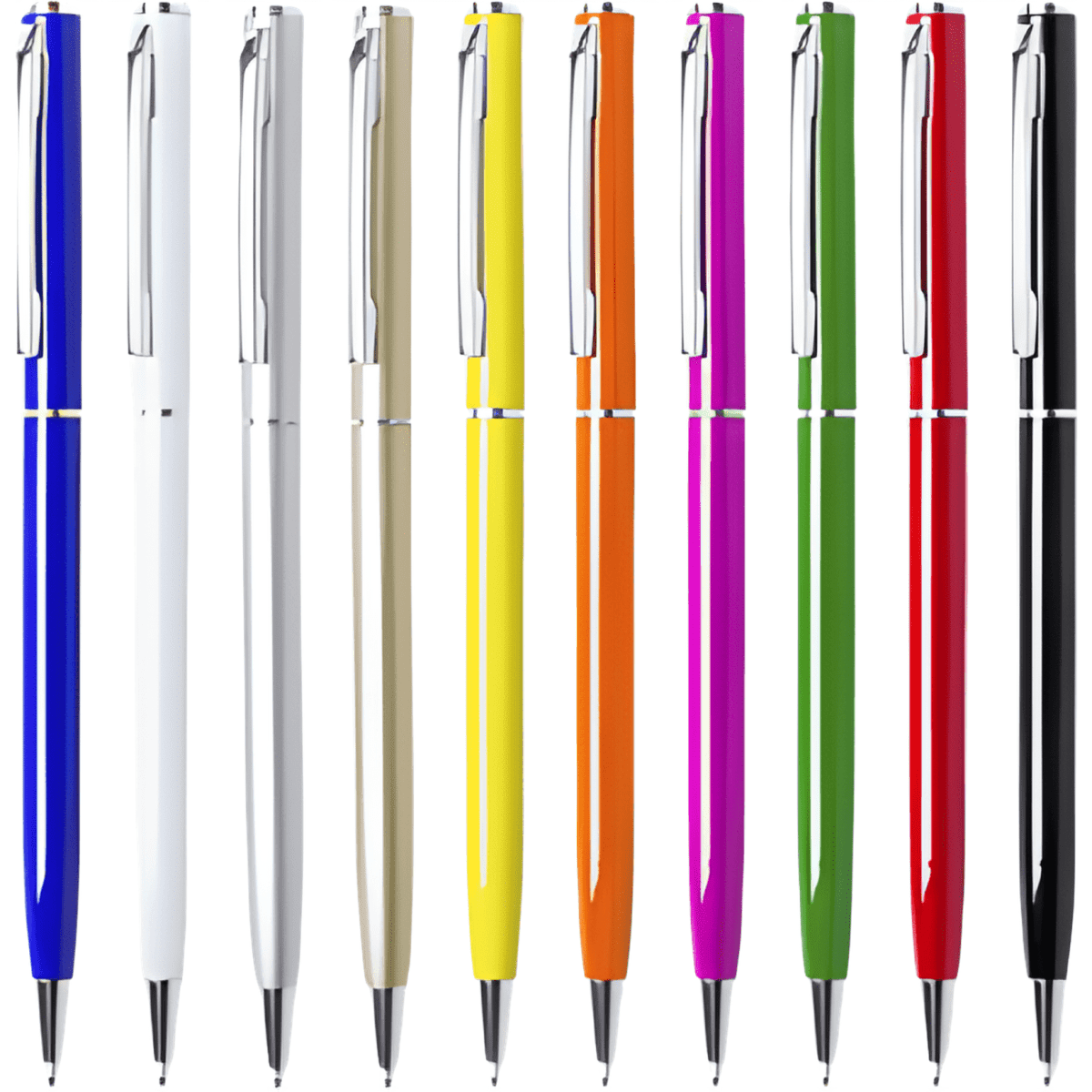 A display of LUXOR glossy aluminium twist-action pens in various colours including blue, white, yellow, and black.