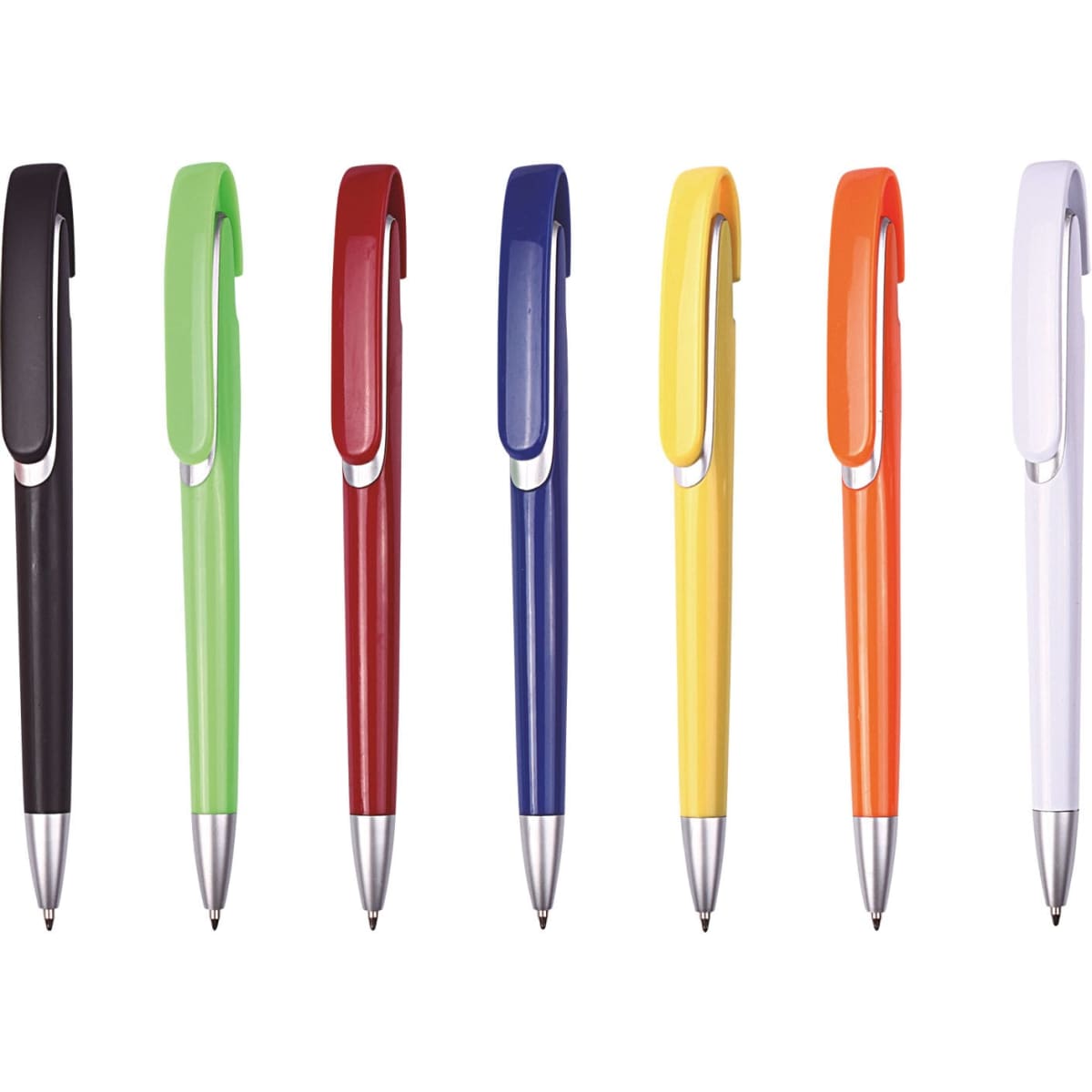 A set of seven push-action plastic ballpoint pens in black, green, red, blue, yellow, orange, and white, each with a clip.