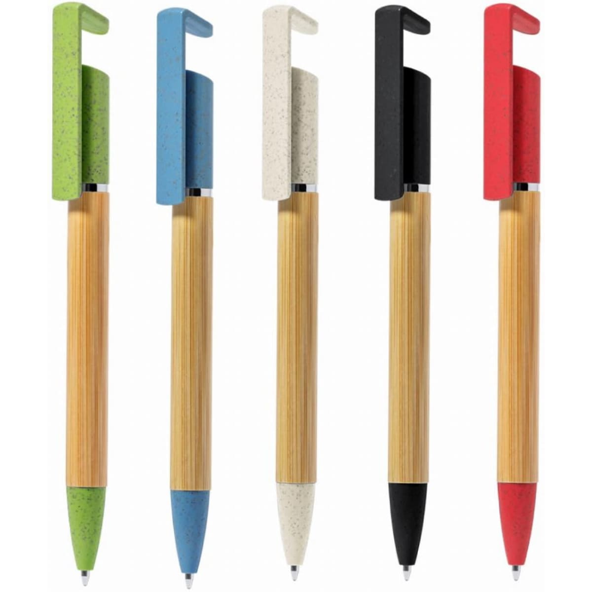 A set of five eco ball pens featuring bamboo bodies and coloured tops in green, blue, white, black, and red.