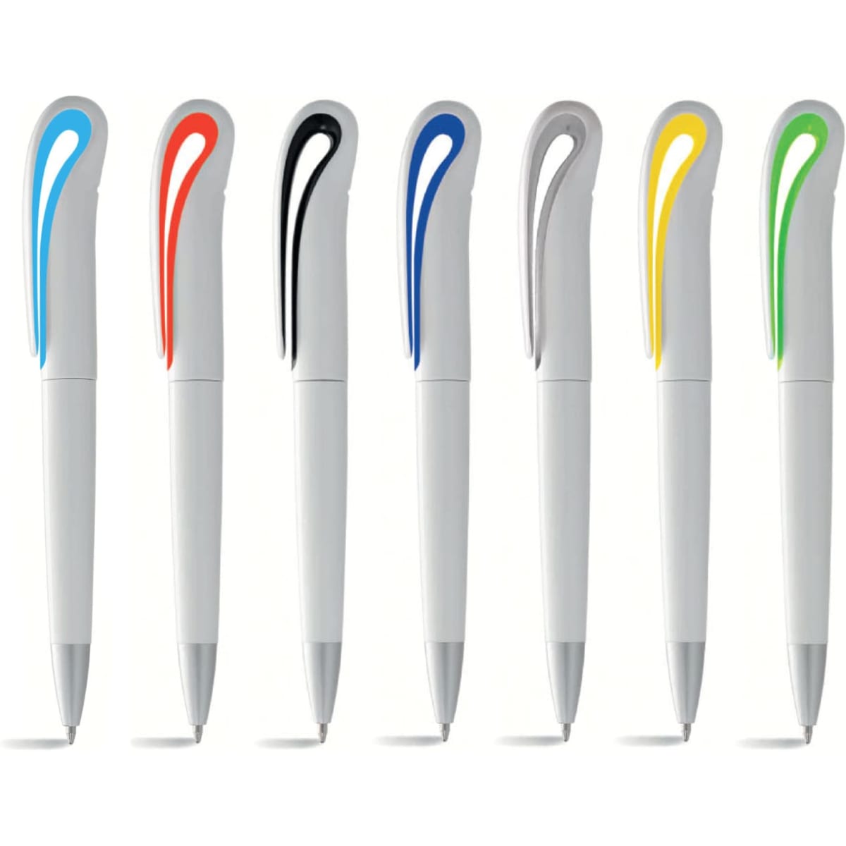 A collection of twist-action ballpoint pens in white with colourful clips in blue, orange, black, blue, yellow, and green.