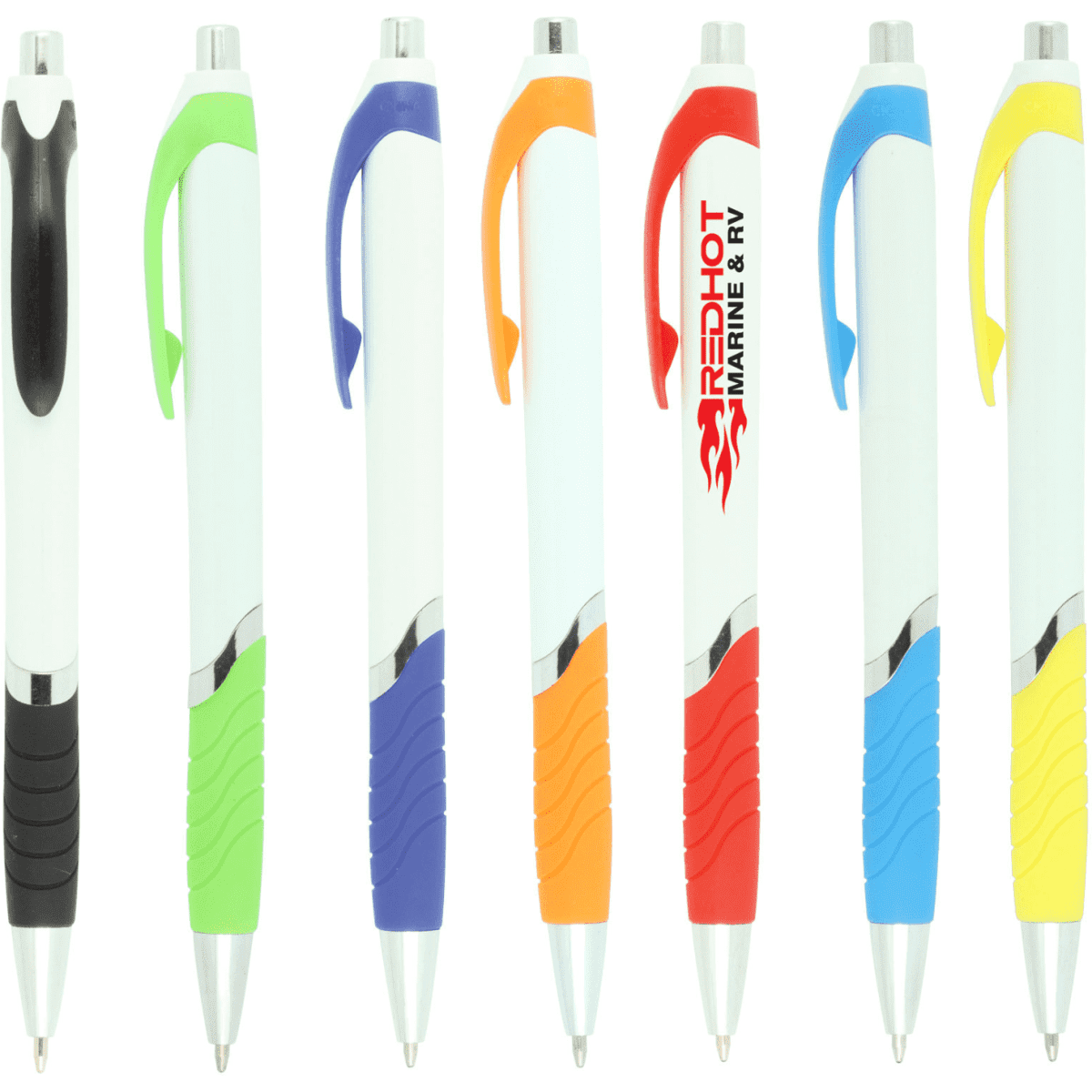 A collection of eight plastic ballpoint pens with rubber grips, featuring various colours including black, green, purple, and blue.