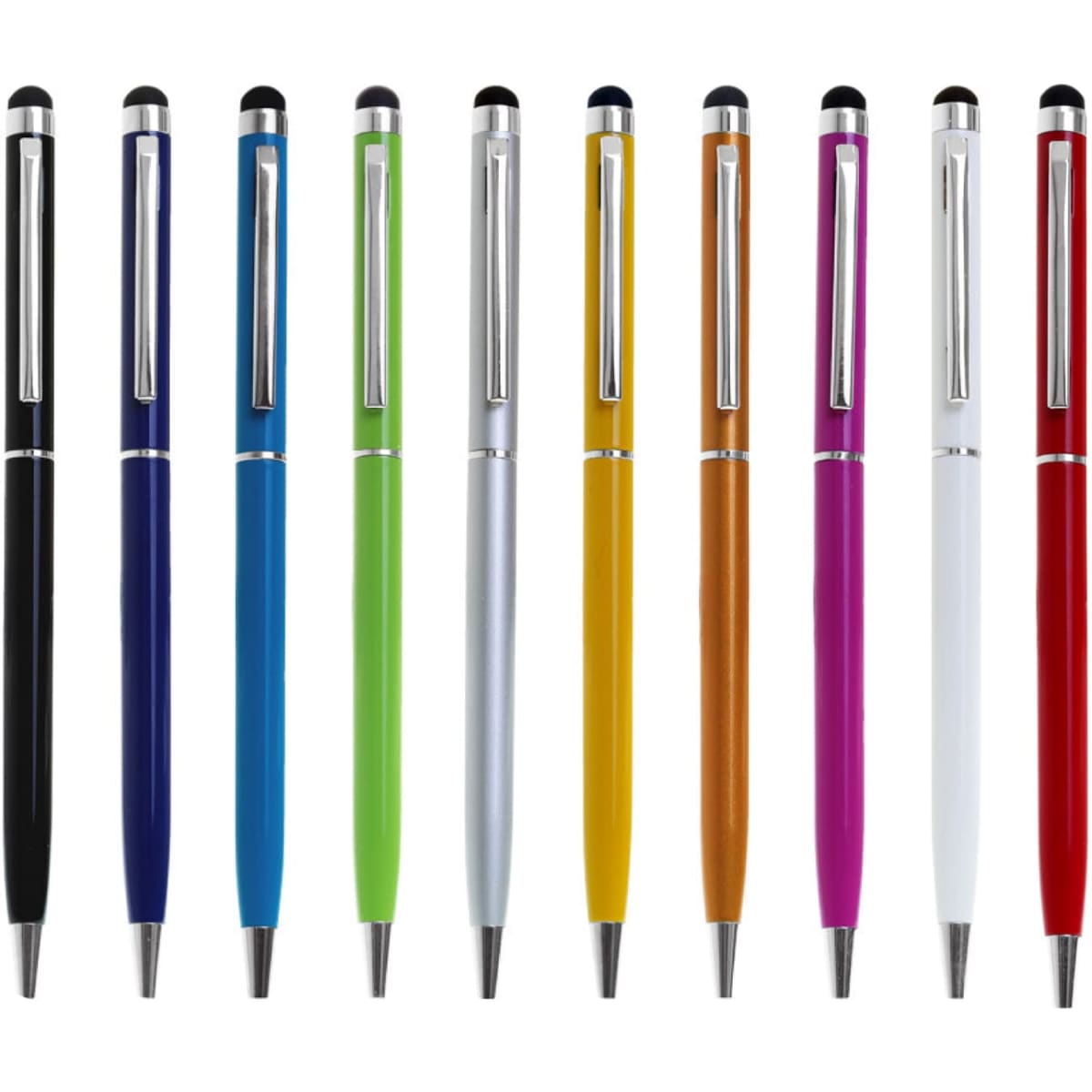 A collection of stylus pens in black, blue, green, silver, orange, yellow, red, and white with a twist-action mechanism and branding.