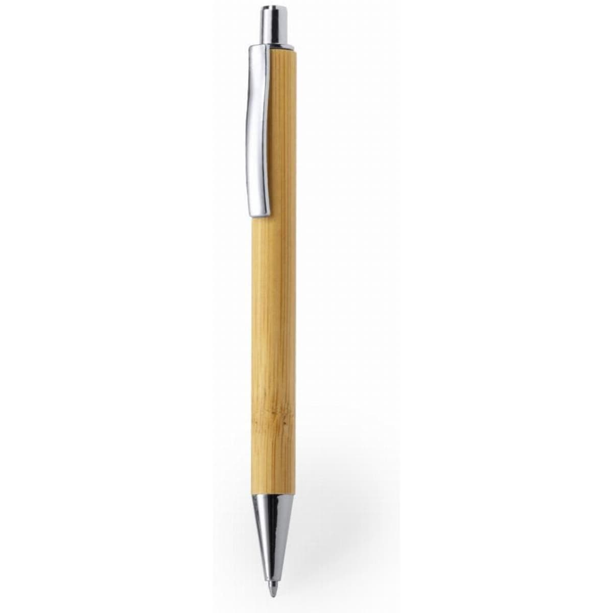 A bamboo ball pen with a chrome clip and tip, featuring a sleek, minimalist design.