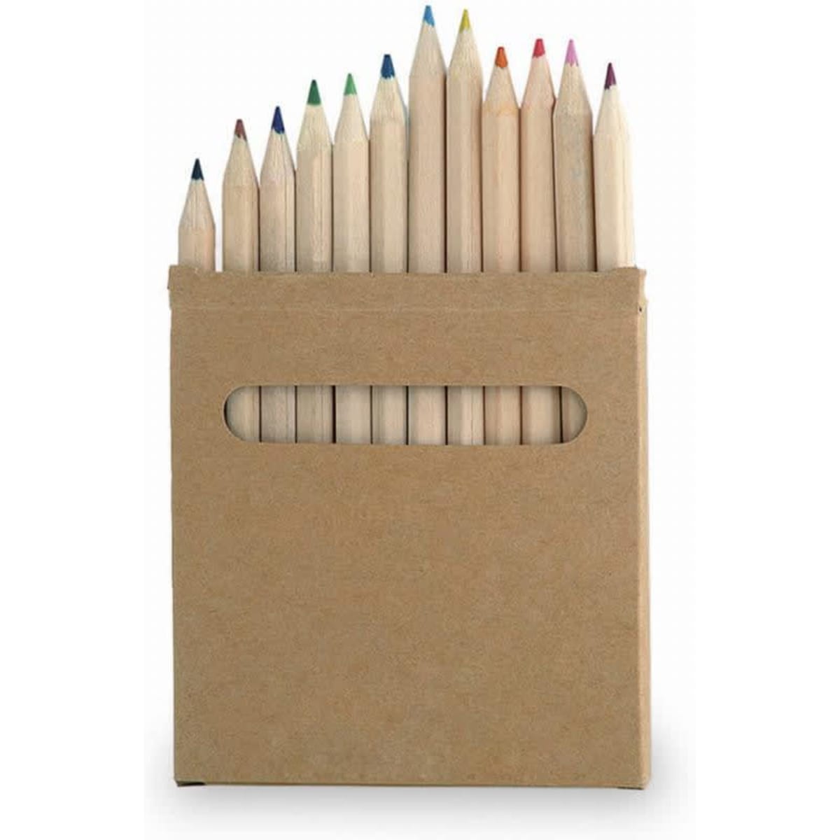 A cardboard box containing a 12-piece wooden pencil set in various colours, with a logo displayed on the front.