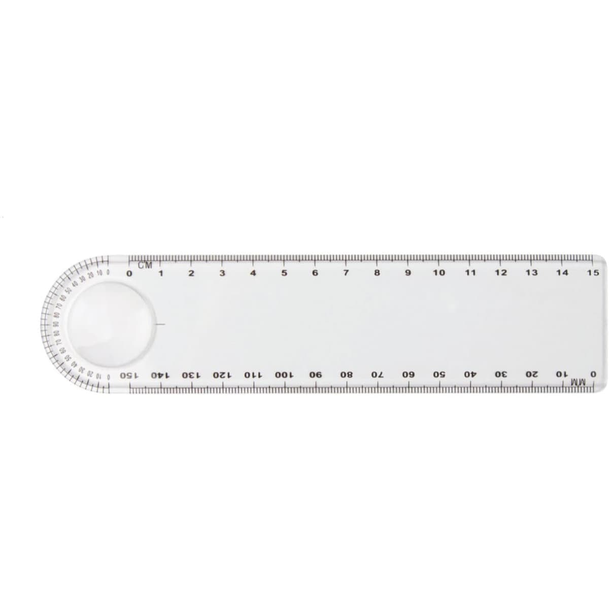 A transparent magnifying ruler, 15cm in length, featuring measurements and a circular magnifying section.