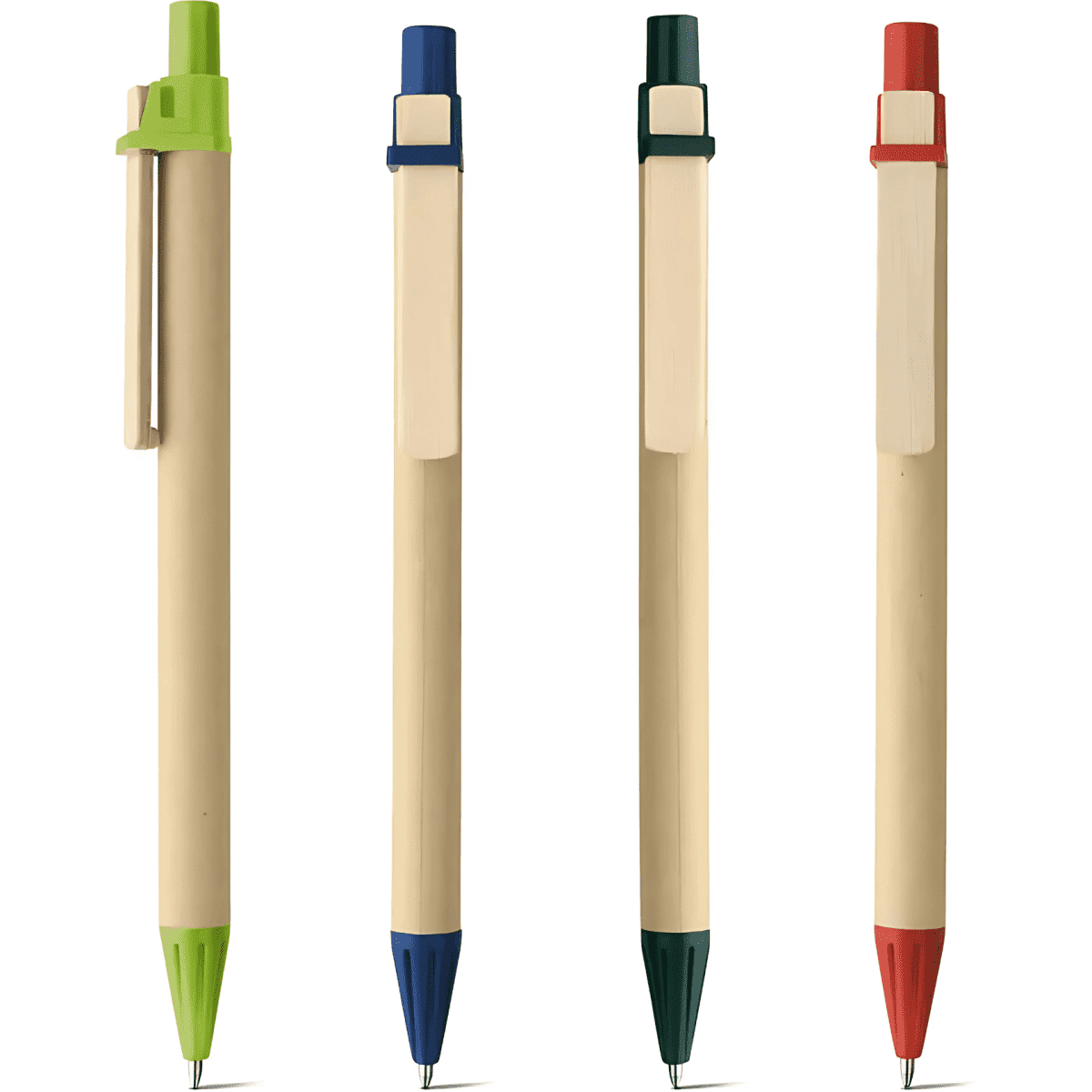 A set of four pens with wooden barrels and coloured tops in green, blue, dark green, and red. Each has a clip.