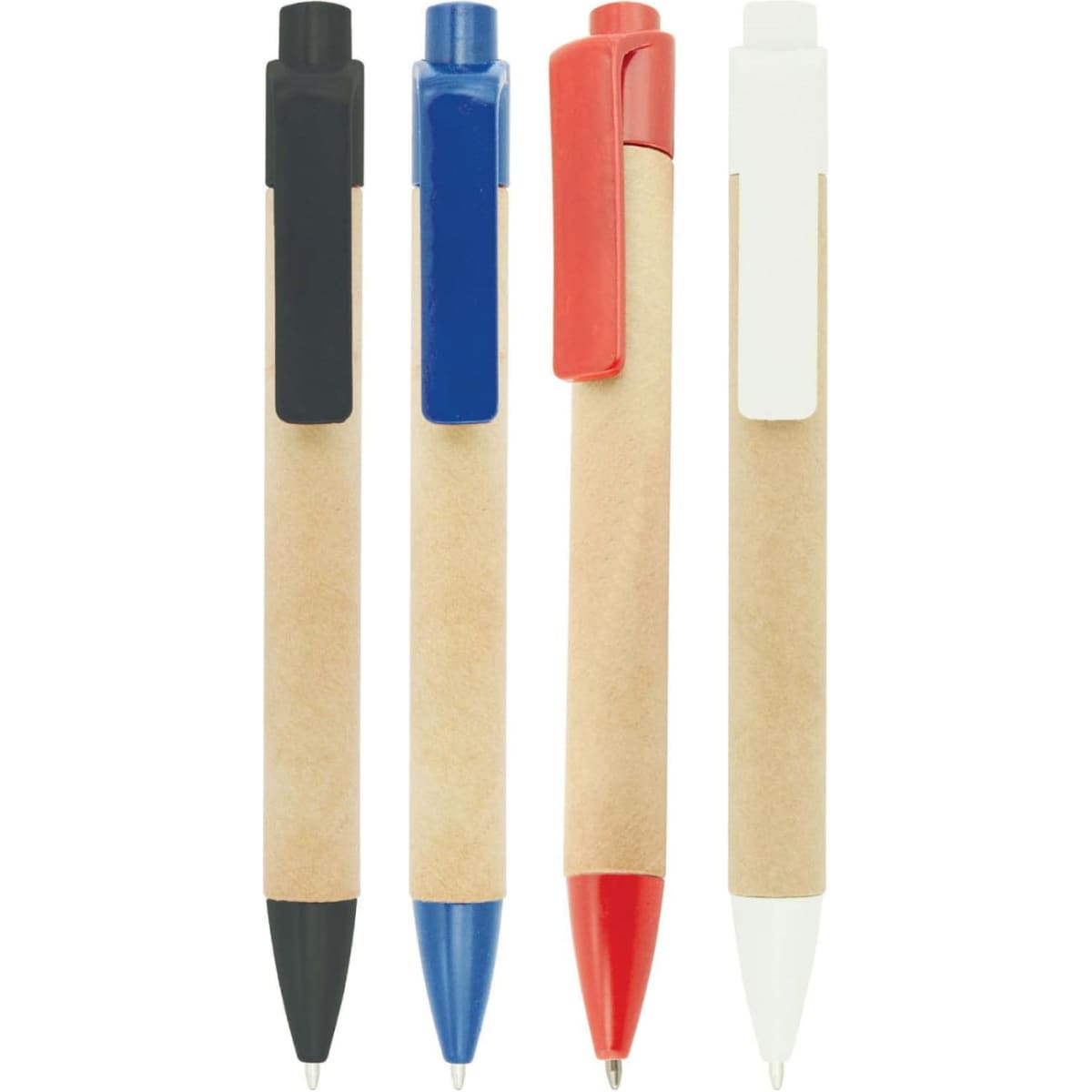 A set of four pens featuring recycled cardboard bodies, with caps and clips in black, blue, red, and white.
