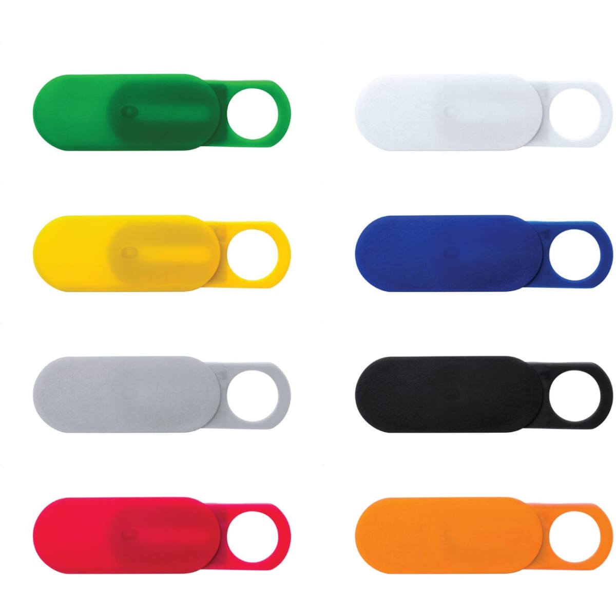 A set of sliding webcam blockers in green, white, yellow, blue, grey, black, red, and orange. Each has a circular opening and a logo.