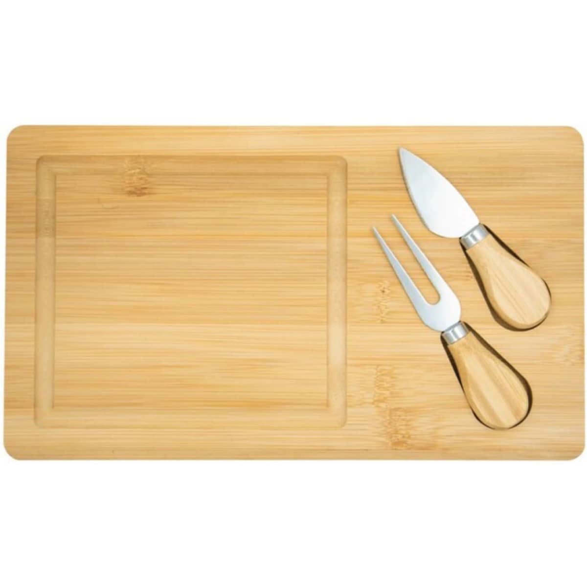 A bamboo cheese board with a clear section and two stainless steel utensils with wooden handles.