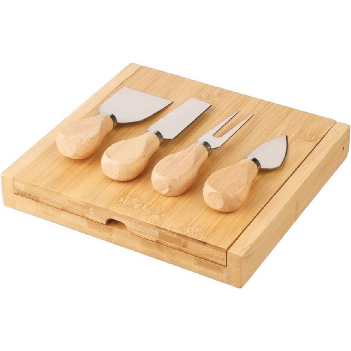 A bamboo cheese board set with four stainless steel cheese knives featuring wooden handles.
