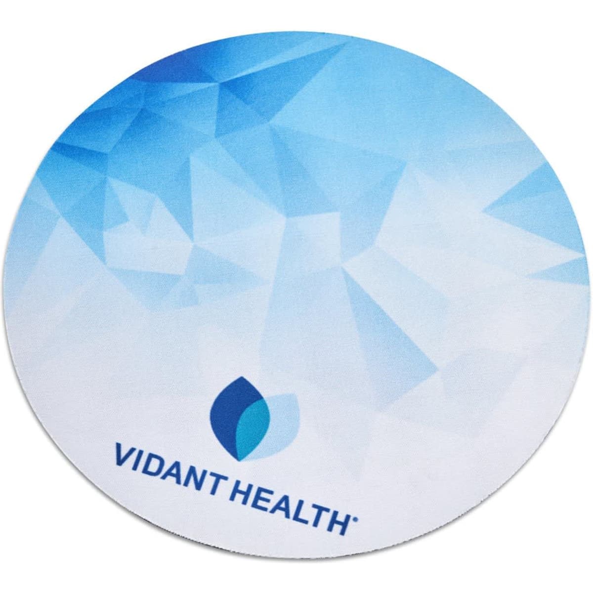 A round mouse pad featuring a blue geometric design and a logo at the bottom.