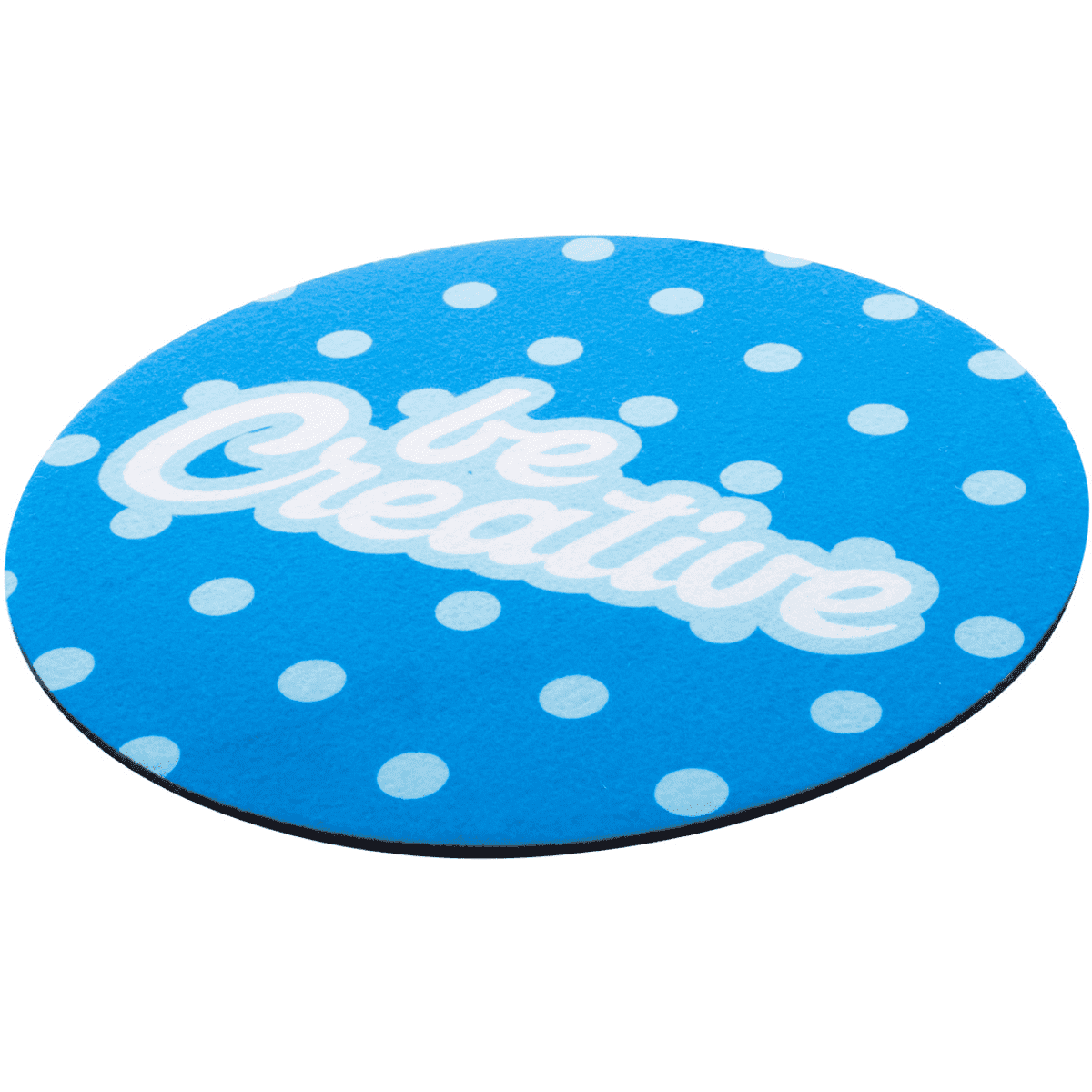A round blue neoprene mouse pad with white polka dots and a logo featuring the text "be Creative."