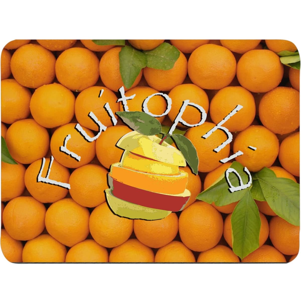 A vibrant orange mouse pad featuring a background of oranges and a colourful fruit-themed logo.
