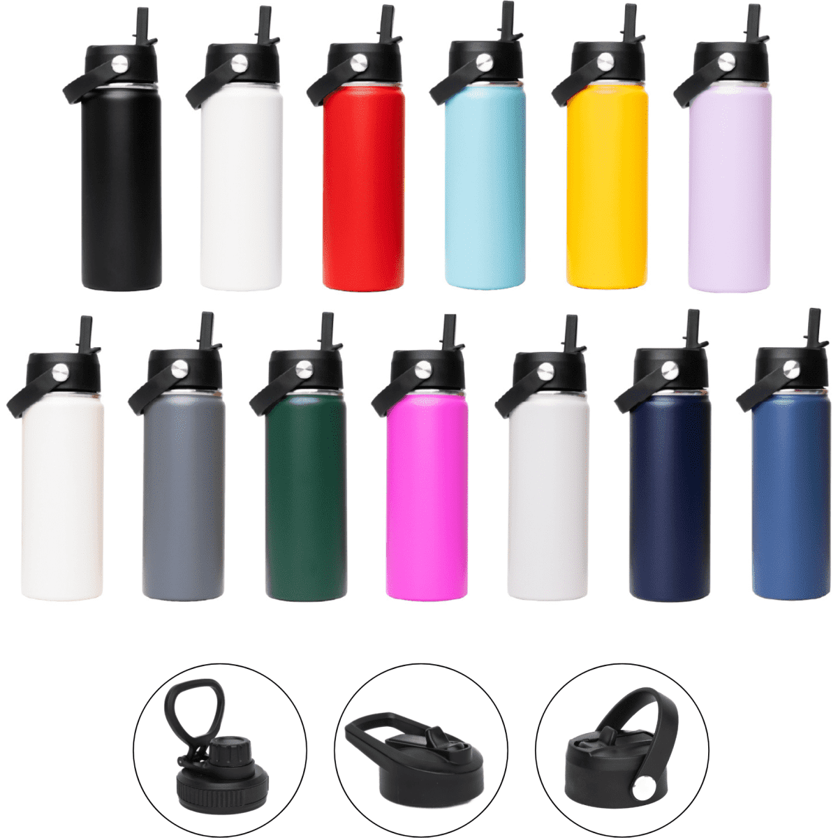 A drink bottle collection with 15 vacuum flasks in various colours, featuring three different lid options.