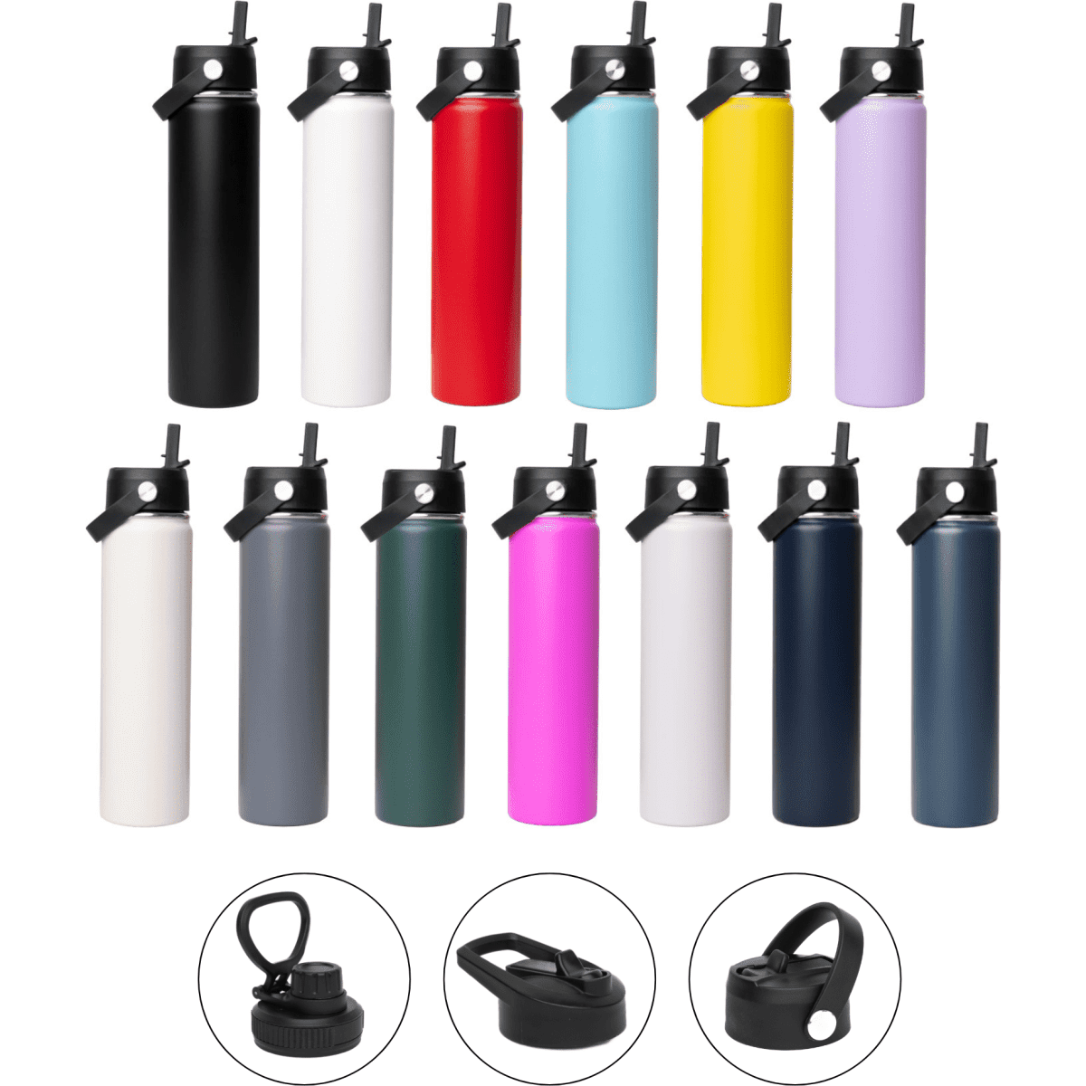 A drink bottle collection featuring 15 vacuum bottles in various colours, with three different lid options and a logo.