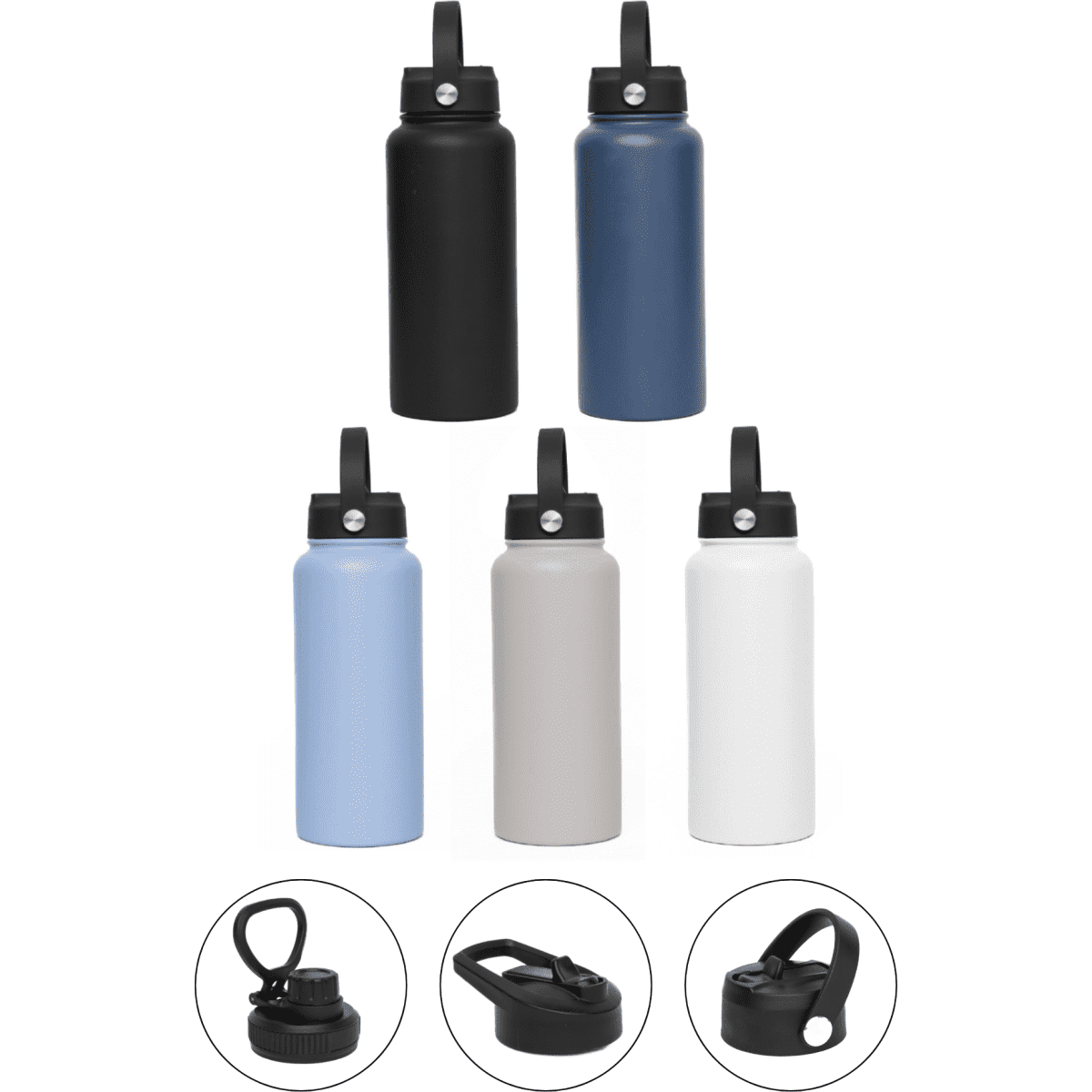 A drink bottle set featuring four vacuum bottles in black, blue, grey, and white with three different lid options.