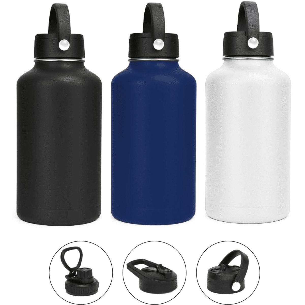 A drink bottle set featuring a black, navy, and white vacuum flask, each with different lid options and branding.