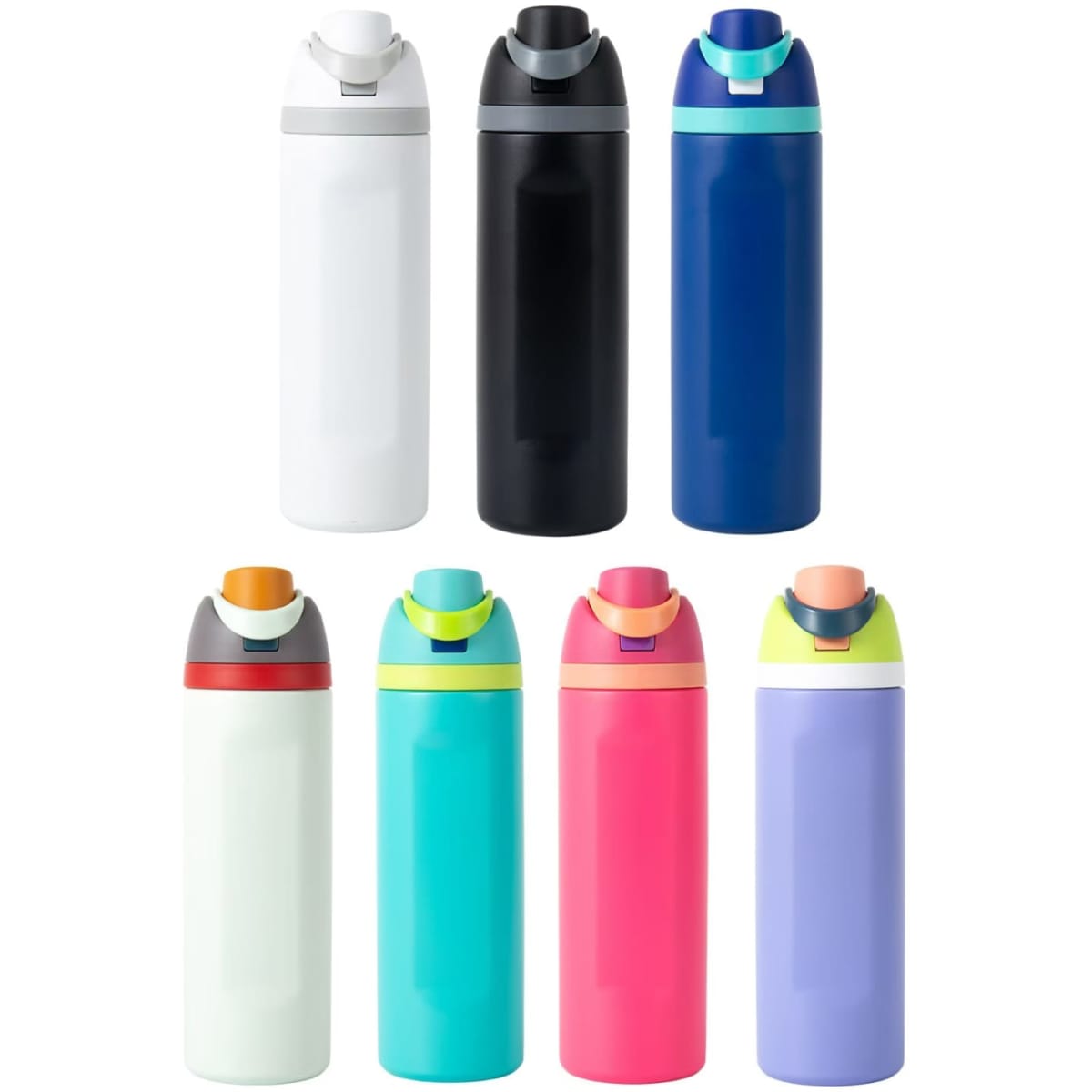 A drink bottle collection featuring eight stainless steel insulated bottles in various colours: white, black, blue, green, pink, and purple, each with a logo.
