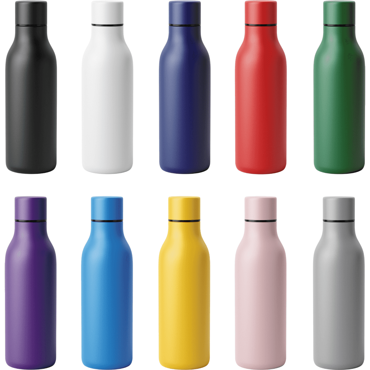 A drink bottle collection featuring black, white, navy, red, green, purple, blue, yellow, pink, and grey designs. Each bottle has a logo.