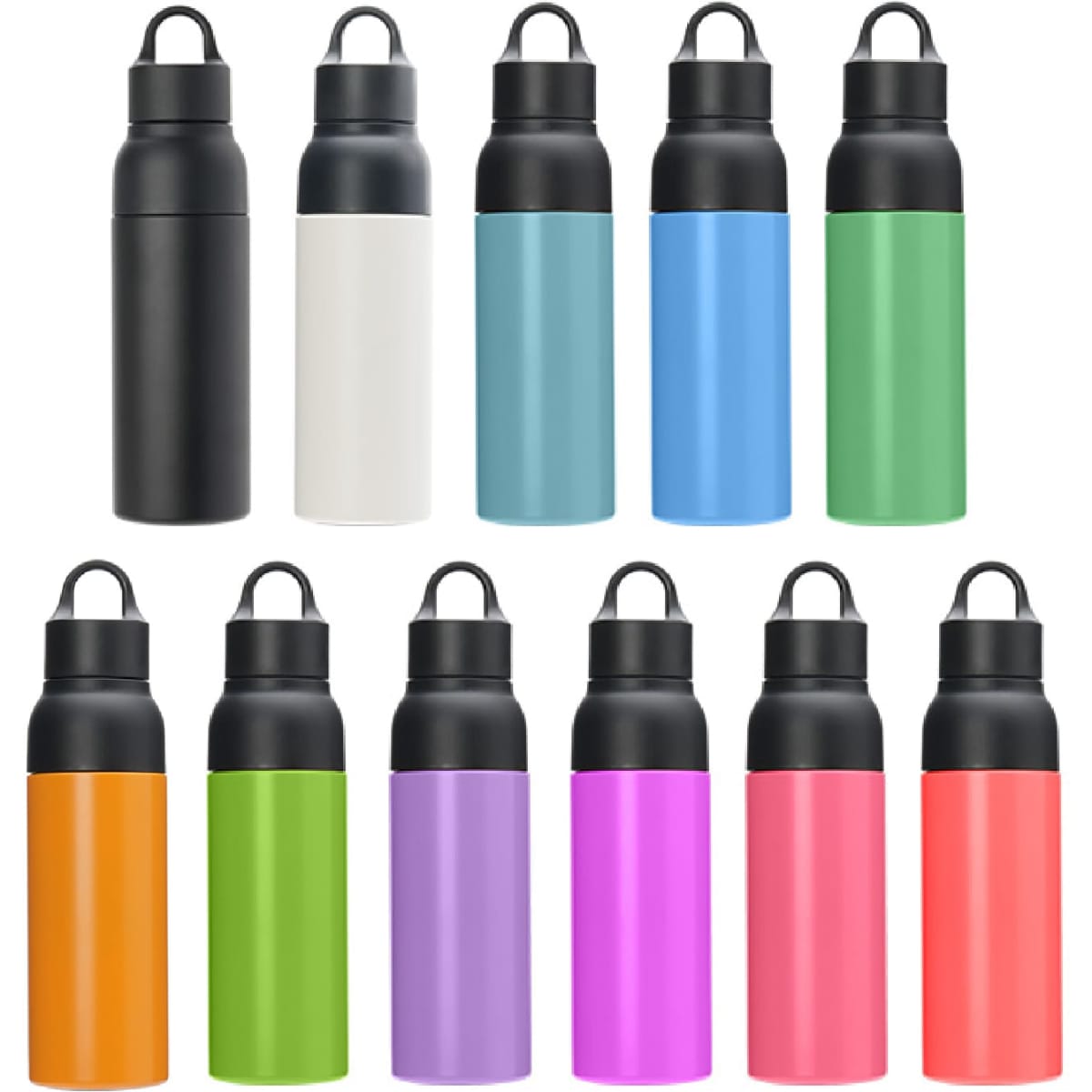 A drink bottle collection featuring black, white, blue, green, orange, purple, pink, and various other colours, with a logo.