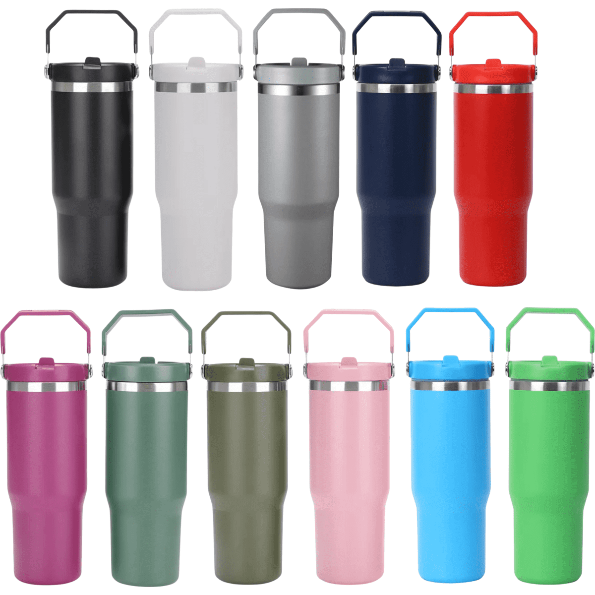 A drink bottle collection featuring various 900ml vacuum tumblers in black, white, navy, red, pink, green, and blue, with handles.