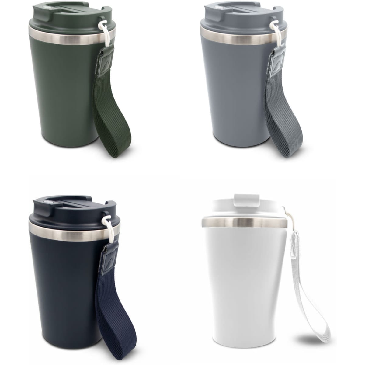 A drink bottle featuring recycled stainless steel in green, grey, navy, and white, each with a handle and lid.