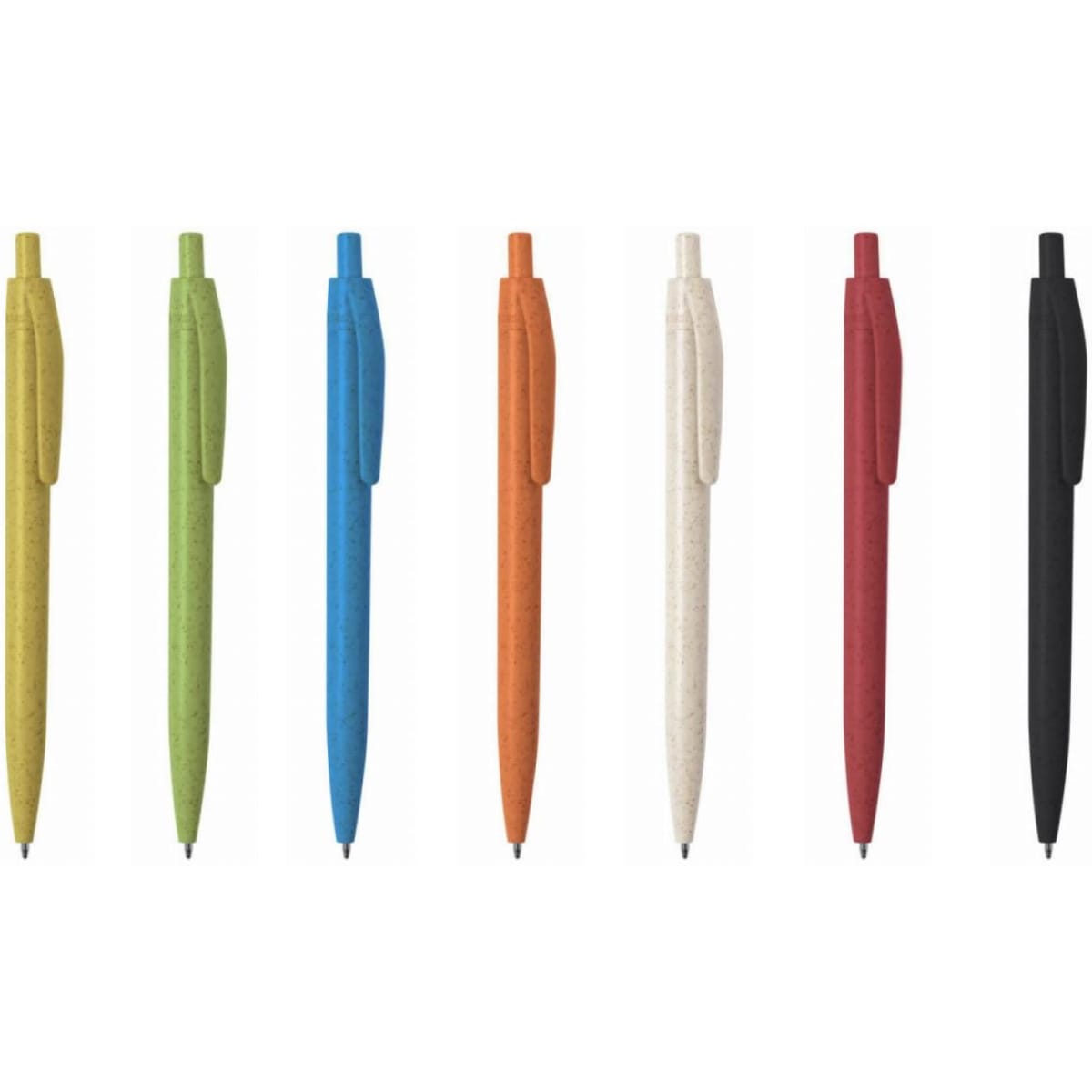 A set of seven push-up ball pens in various colours: green, blue, orange, cream, red, and black, each with a logo.