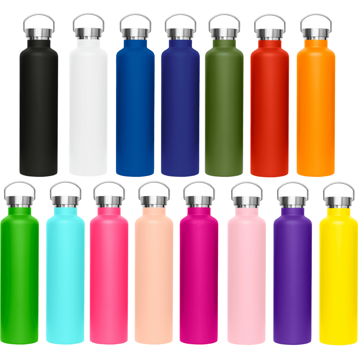 A drink bottle collection featuring various colours, including black, white, blue, green, red, orange, pink, and purple, with metal lids.