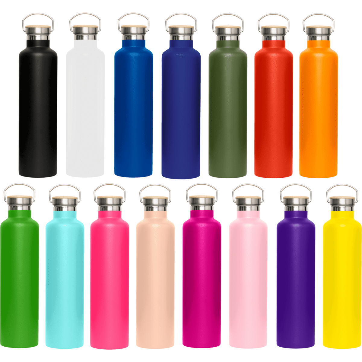 A drink bottle collection featuring various colours, including black, white, blue, green, orange, pink, and purple, with bamboo lids.