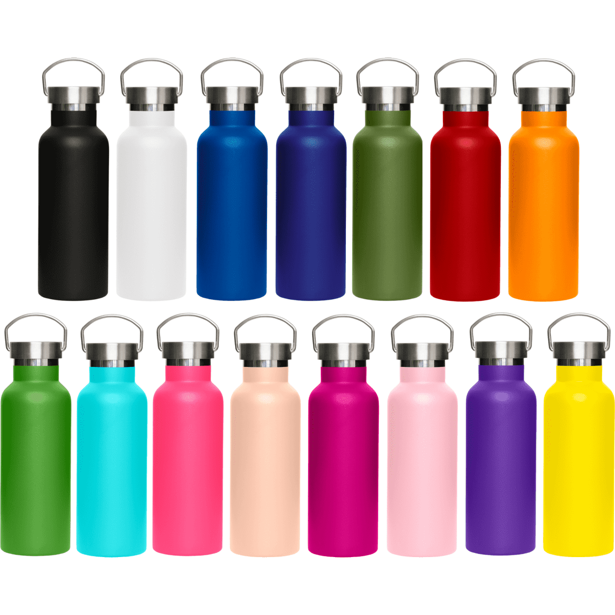 A drink bottle collection featuring various colours: black, white, blue, green, red, orange, pink, and purple, with metal lids.