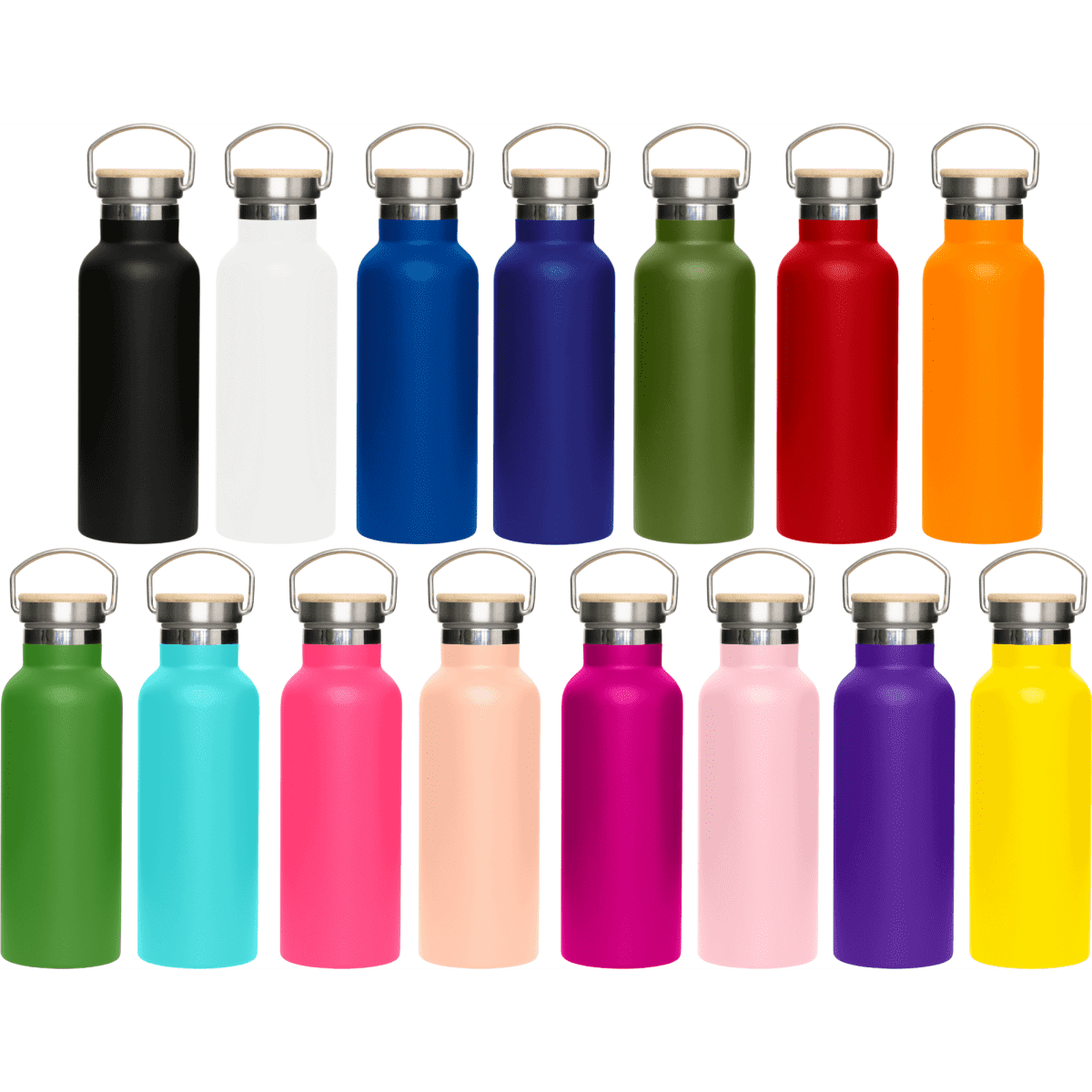 A drink bottle collection featuring various colours, including black, white, blue, green, red, pink, and purple, with metal lids.