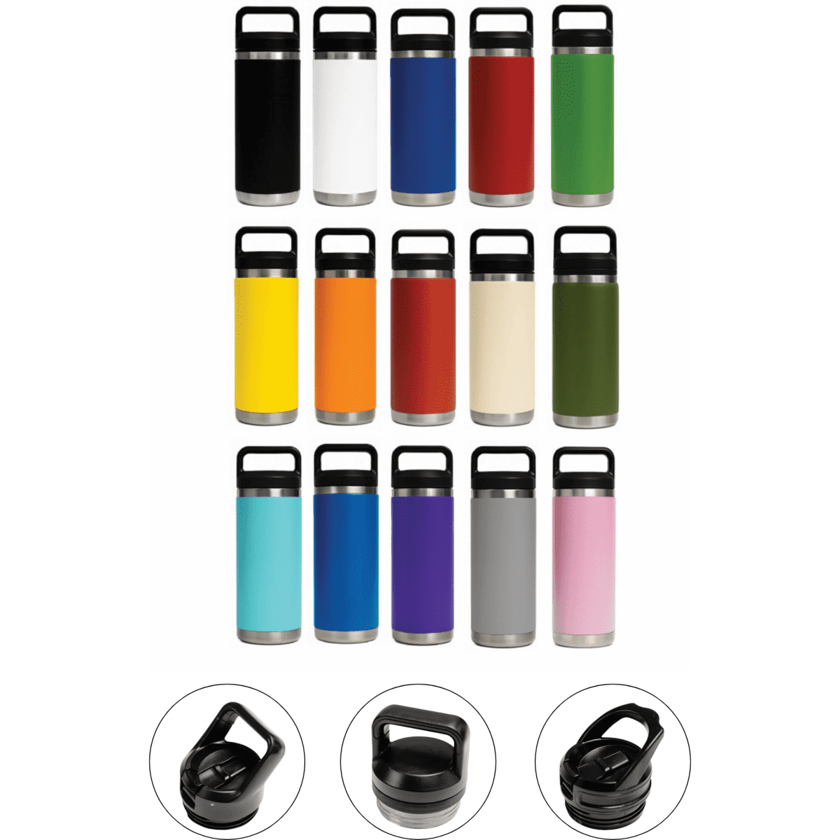 A drink bottle collection featuring various colours in a sleek design with three different lid options.