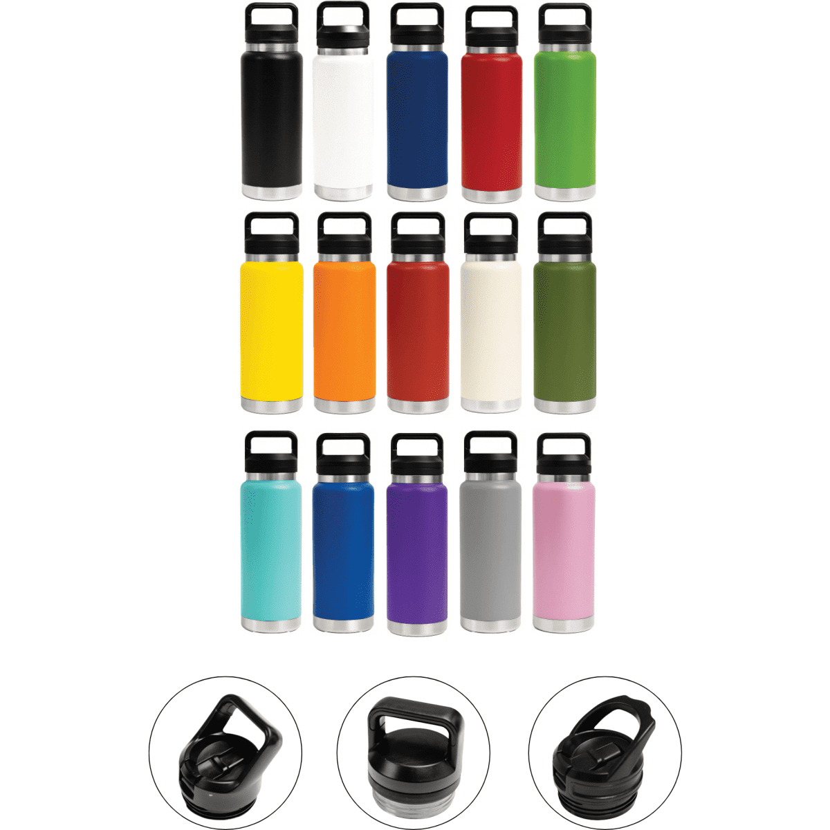 A drink bottle in various colours, featuring different lid options and a silver base. The image includes multiple styles and finishes.