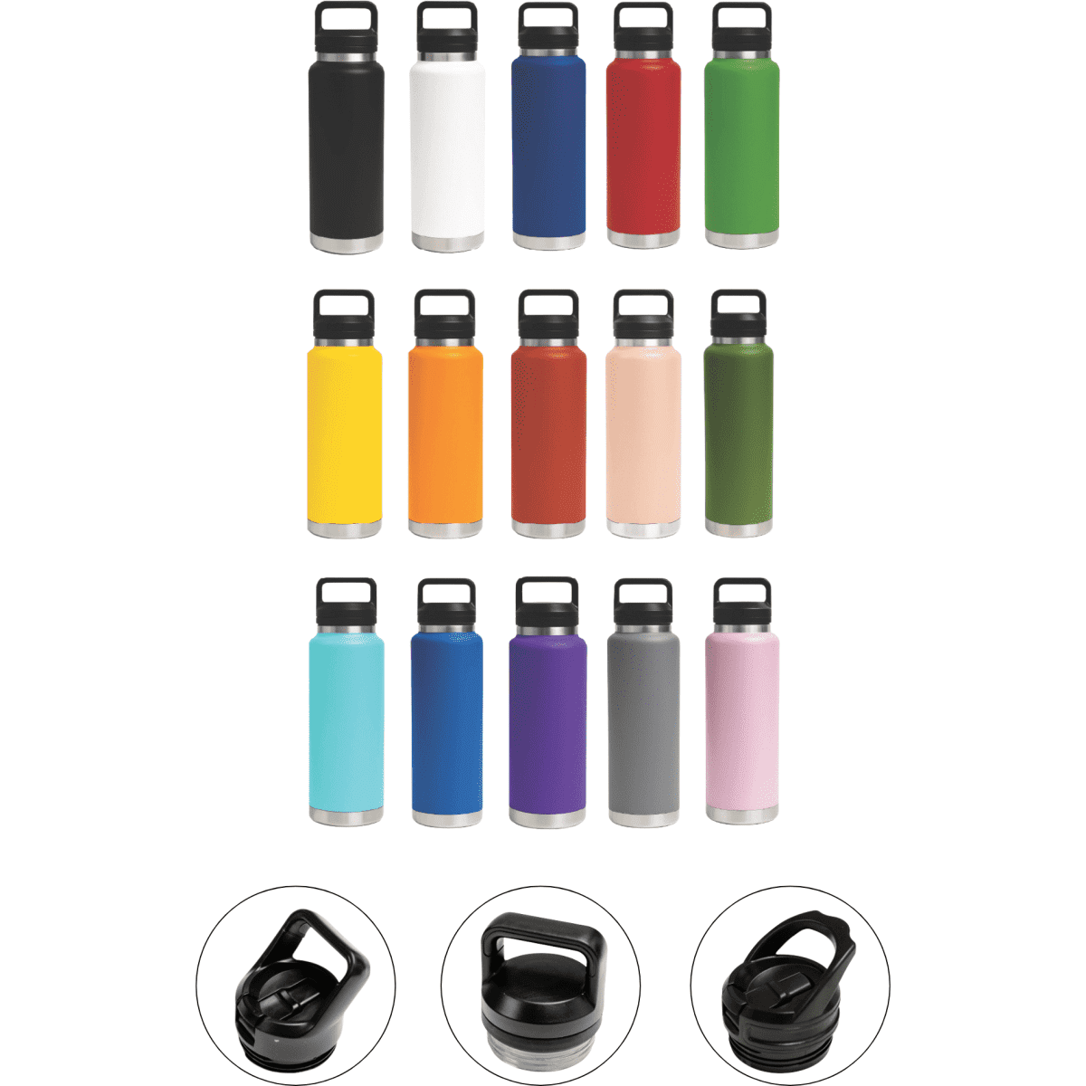 A drink bottle collection featuring various colours including black, white, red, green, and orange, with multiple lid options.