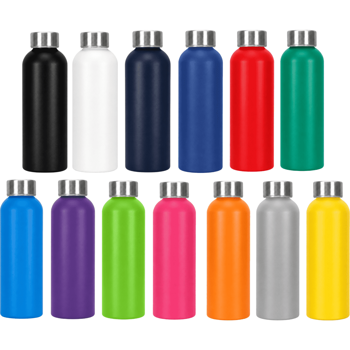 A drink bottle collection featuring various colours including black, white, navy, red, green, purple, orange, pink, and silver, with metal caps.