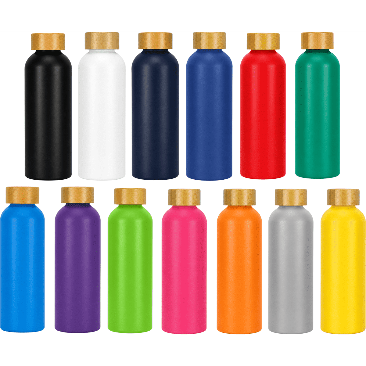 A drink bottle collection featuring various colours, including black, white, navy, red, green, and more, with wooden lids.