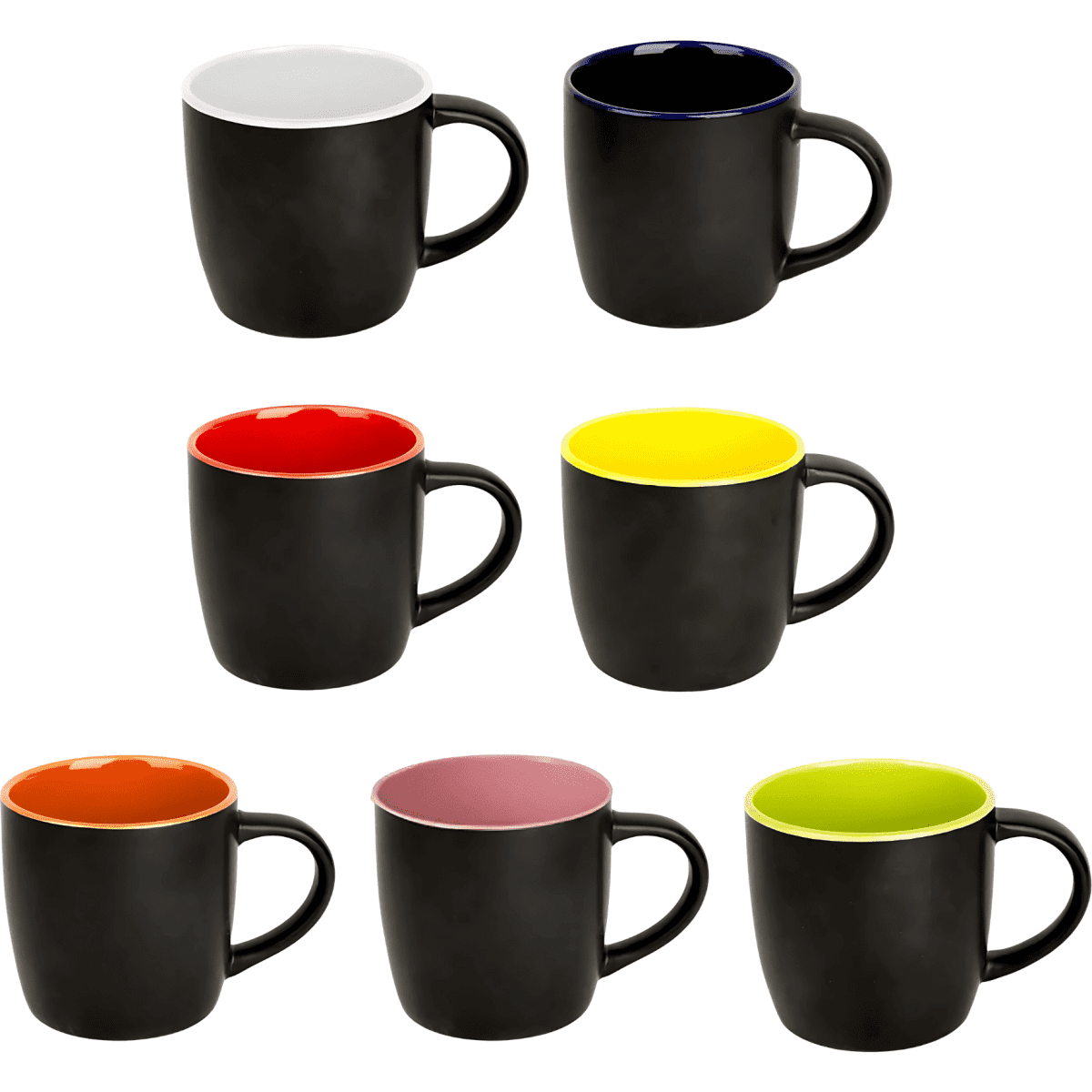 A set of black coffee mugs with coloured interiors in orange, red, yellow, pink, and green; featuring a logo.