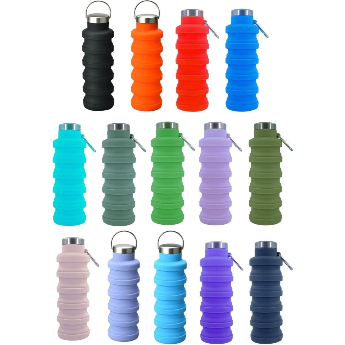 A drink bottle collection in various colours, featuring a collapsible design and a metal cap, with branding on some bottles.