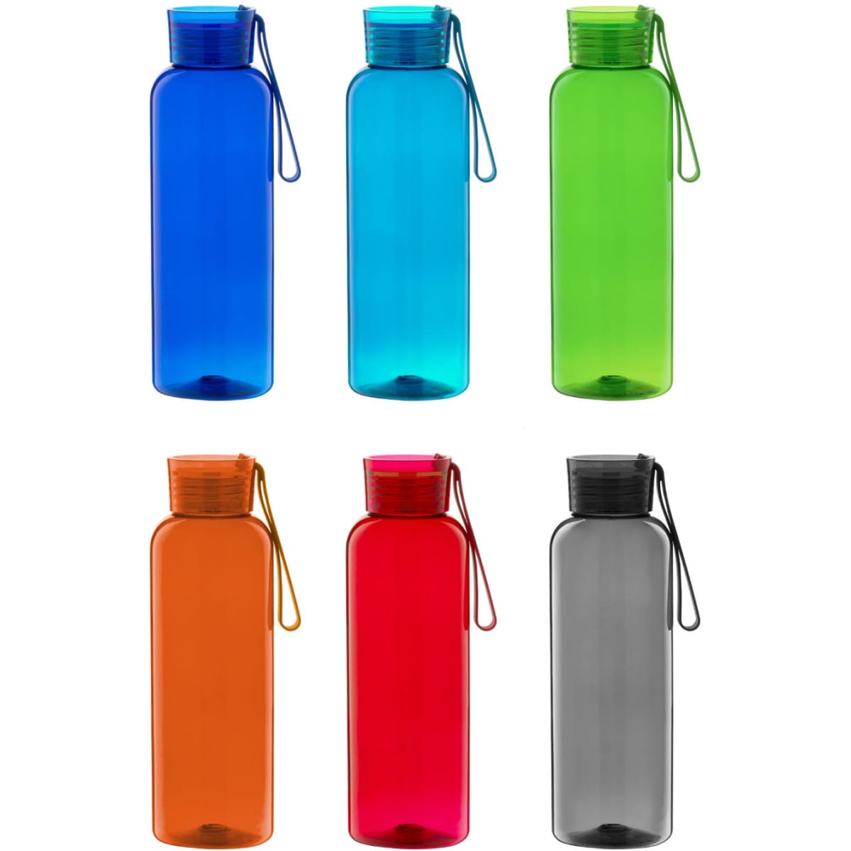 A drink bottle collection featuring six colours: blue, green, aqua, orange, pink, and grey, each with a black lid and strap.